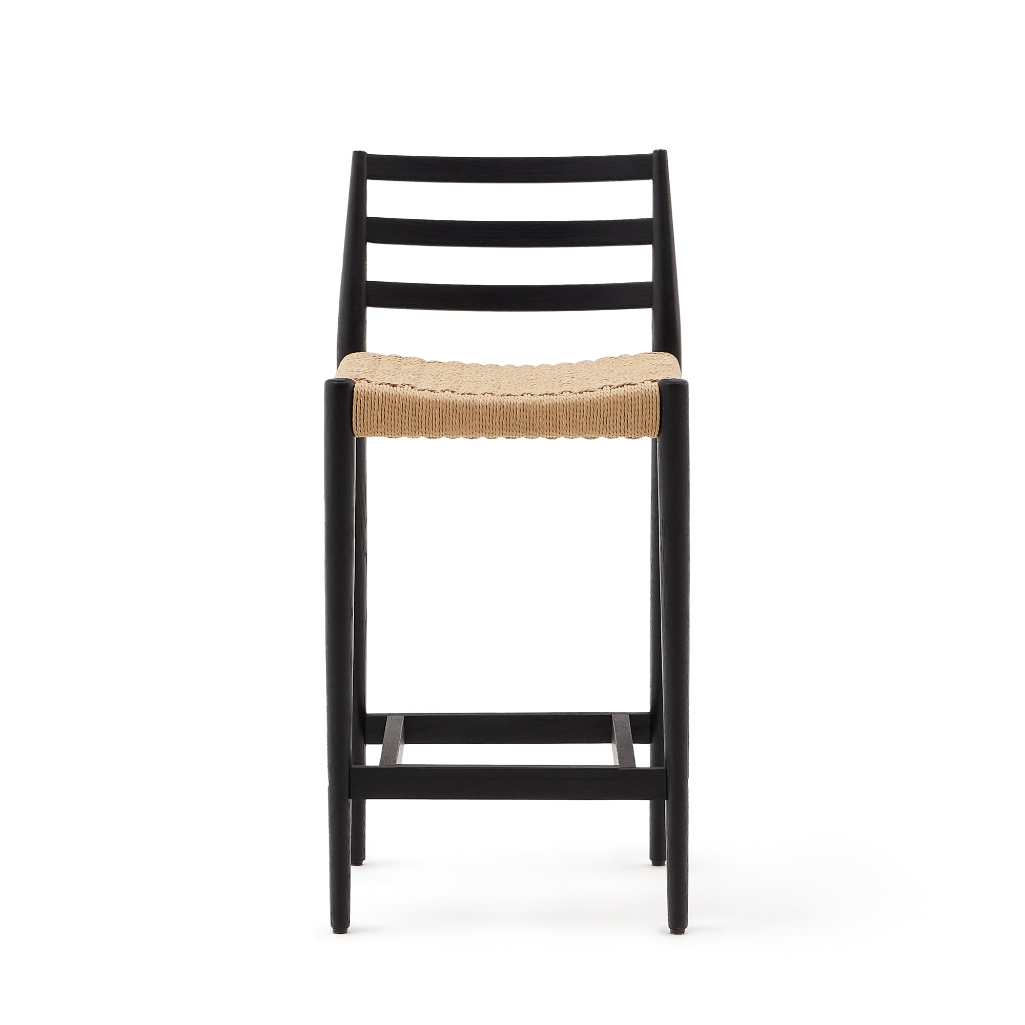Analy stool with a backrest in solid oak wood in a black finish and rope cord seat, 70 cm, FSC 100% - Product Image