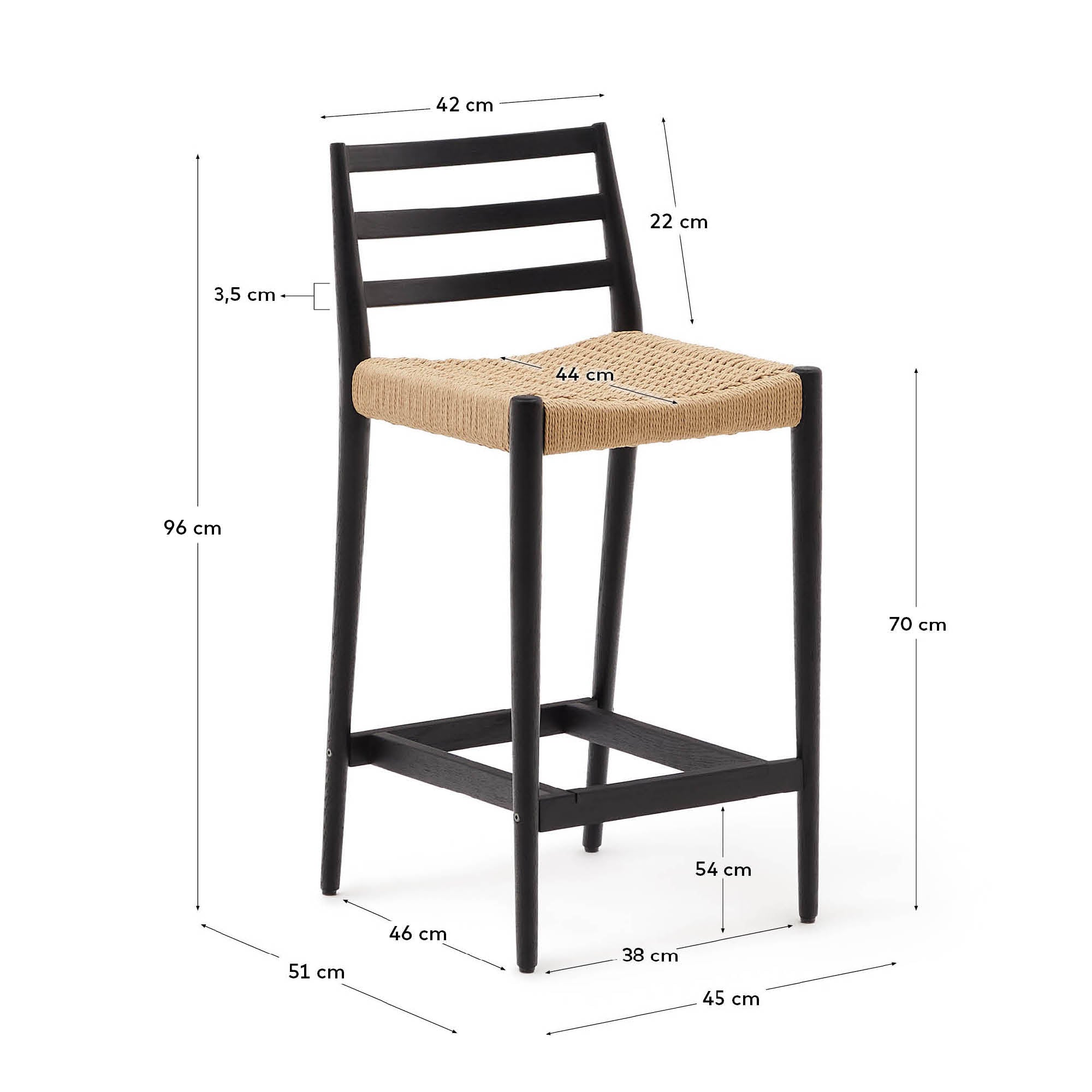 Analy stool with a backrest in solid oak wood in a black finish and rope cord seat, 70 cm, FSC 100% - Measurements