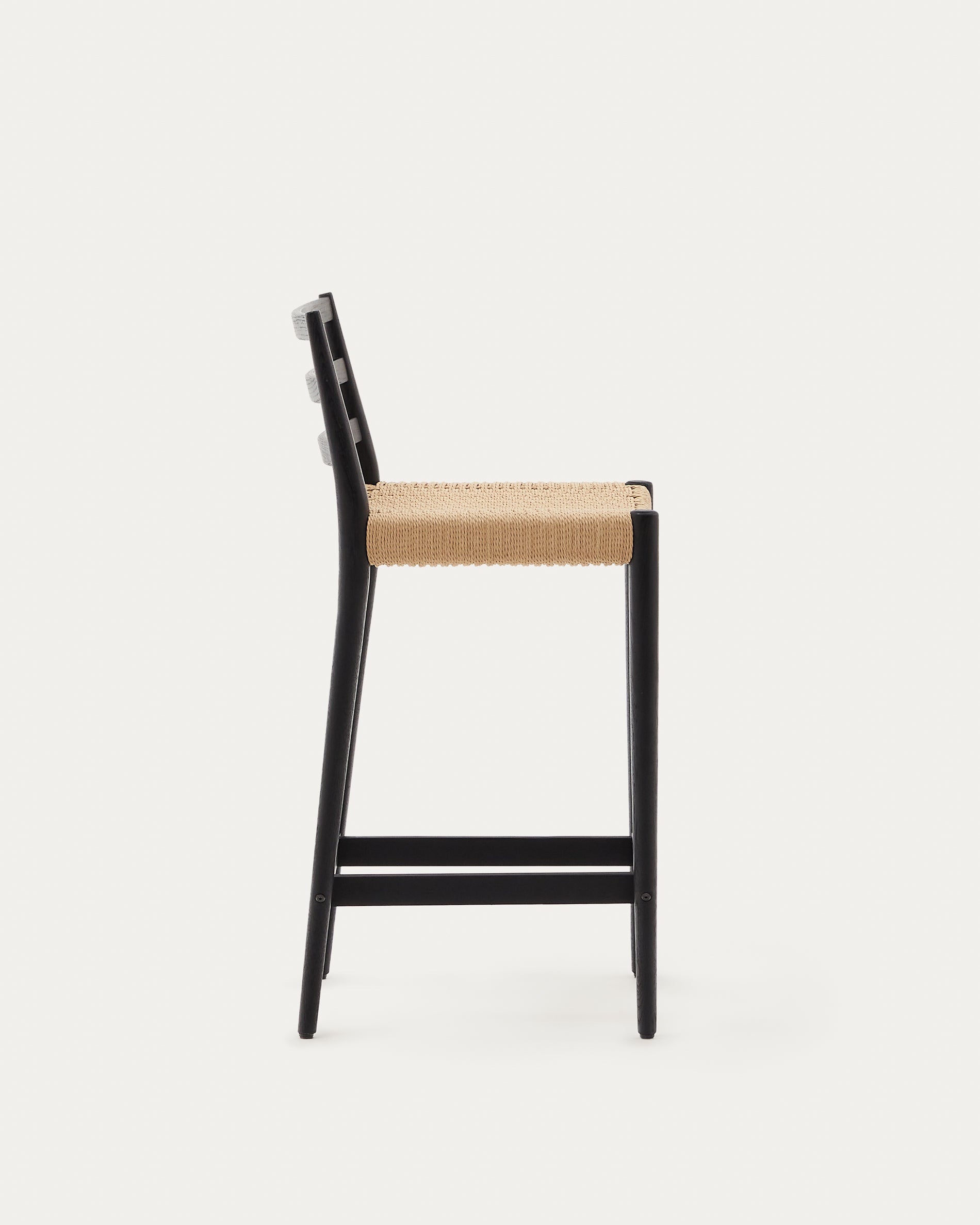 Analy stool with a backrest in solid oak wood in a black finish and rope cord seat, 70 cm, FSC 100% - Product View