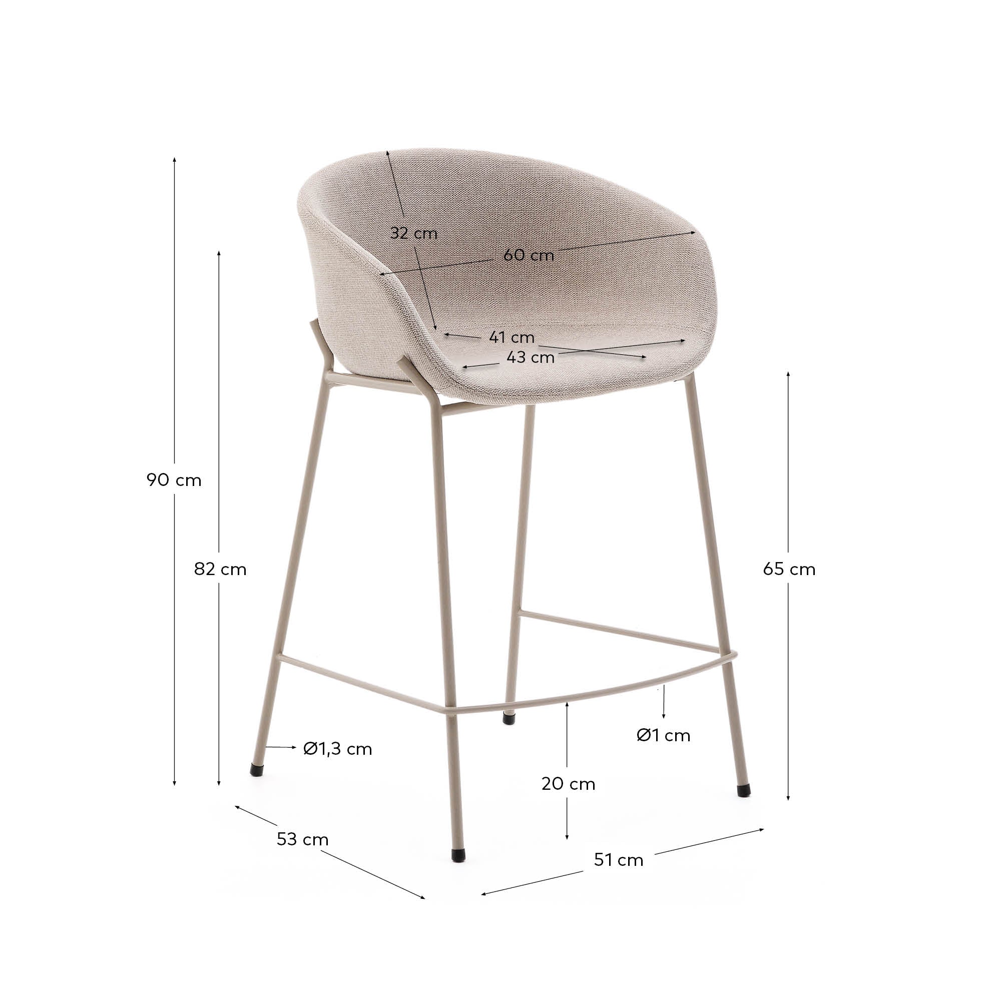 Yvette stool in beige chenille and steel legs in a beige finish, 65 cm high - Measurements