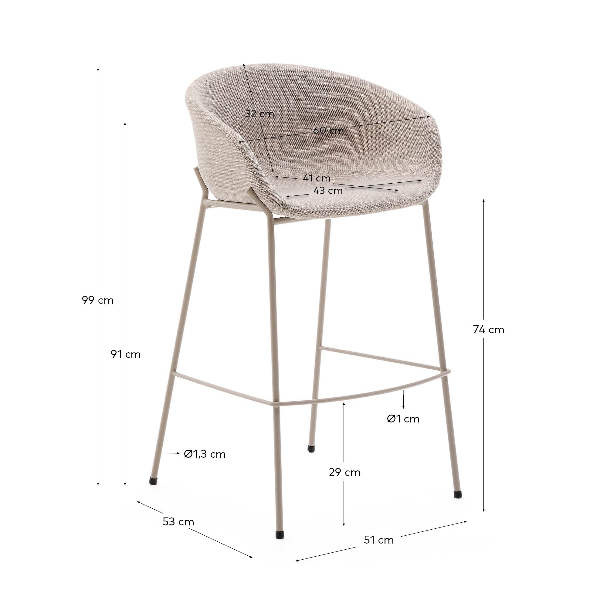 Yvette stool in beige chenille and steel legs in a beige finish, 75 cm high - Measurements