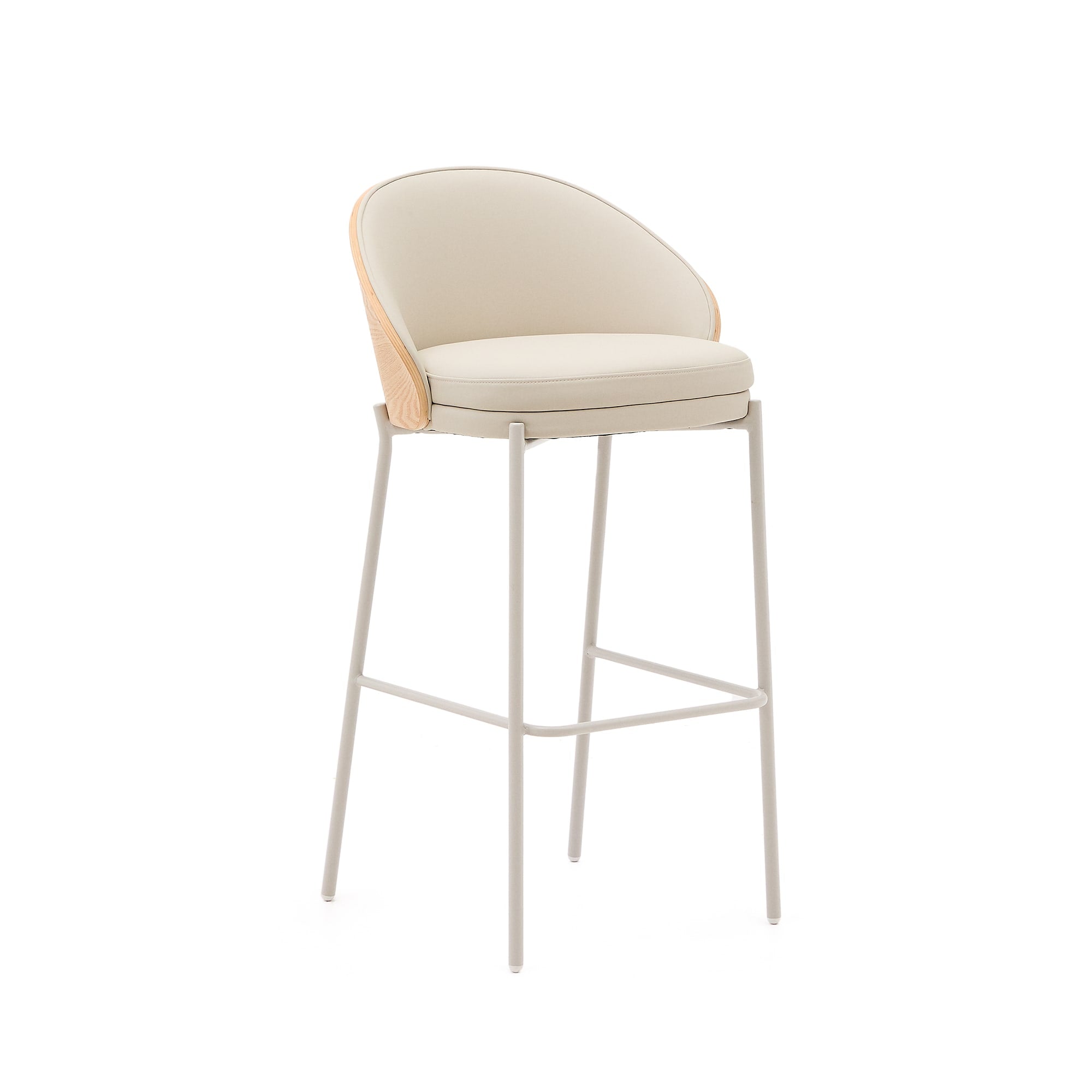 Eamy bar stool with beige artificial leather, natural finish ash veneer and beige metal 75cm