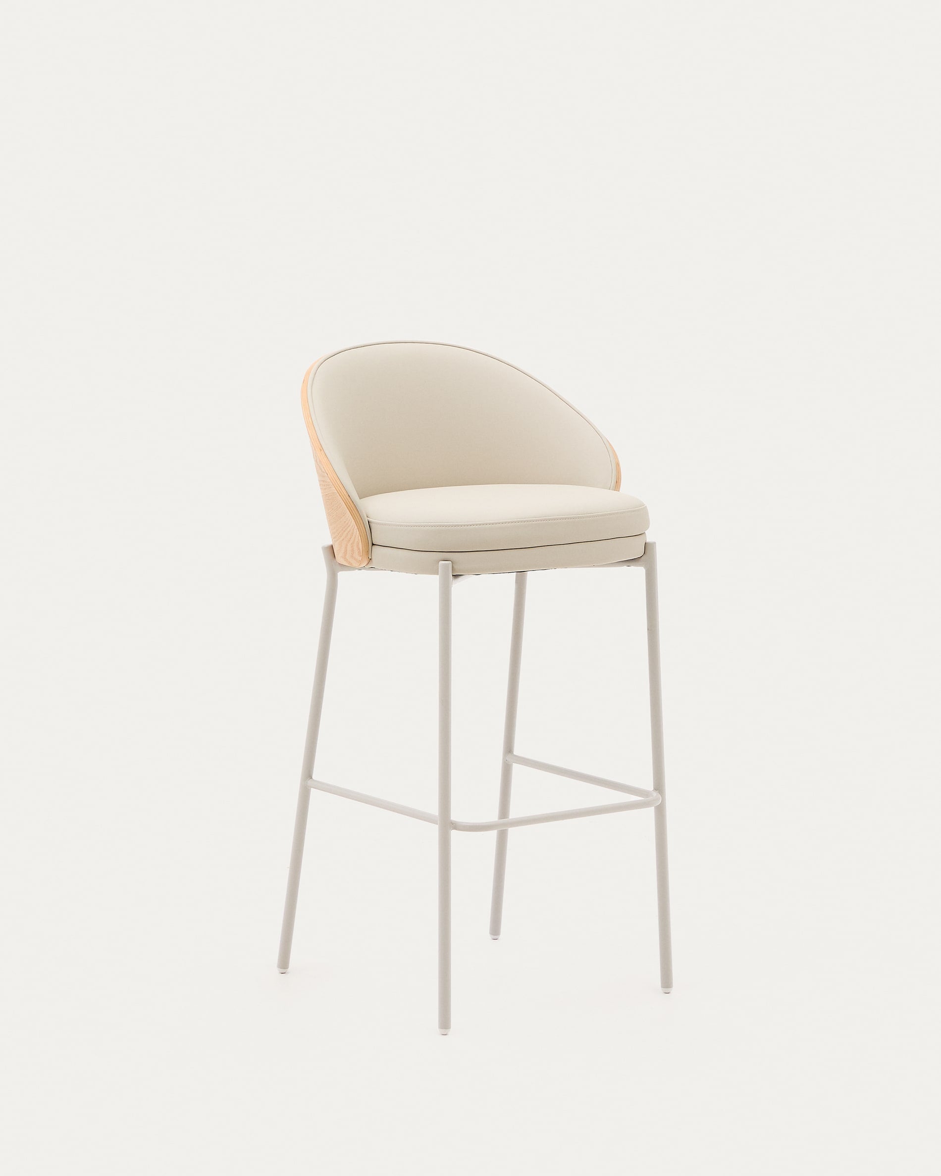 Eamy bar stool with beige artificial leather, natural finish ash veneer and beige metal 75cm