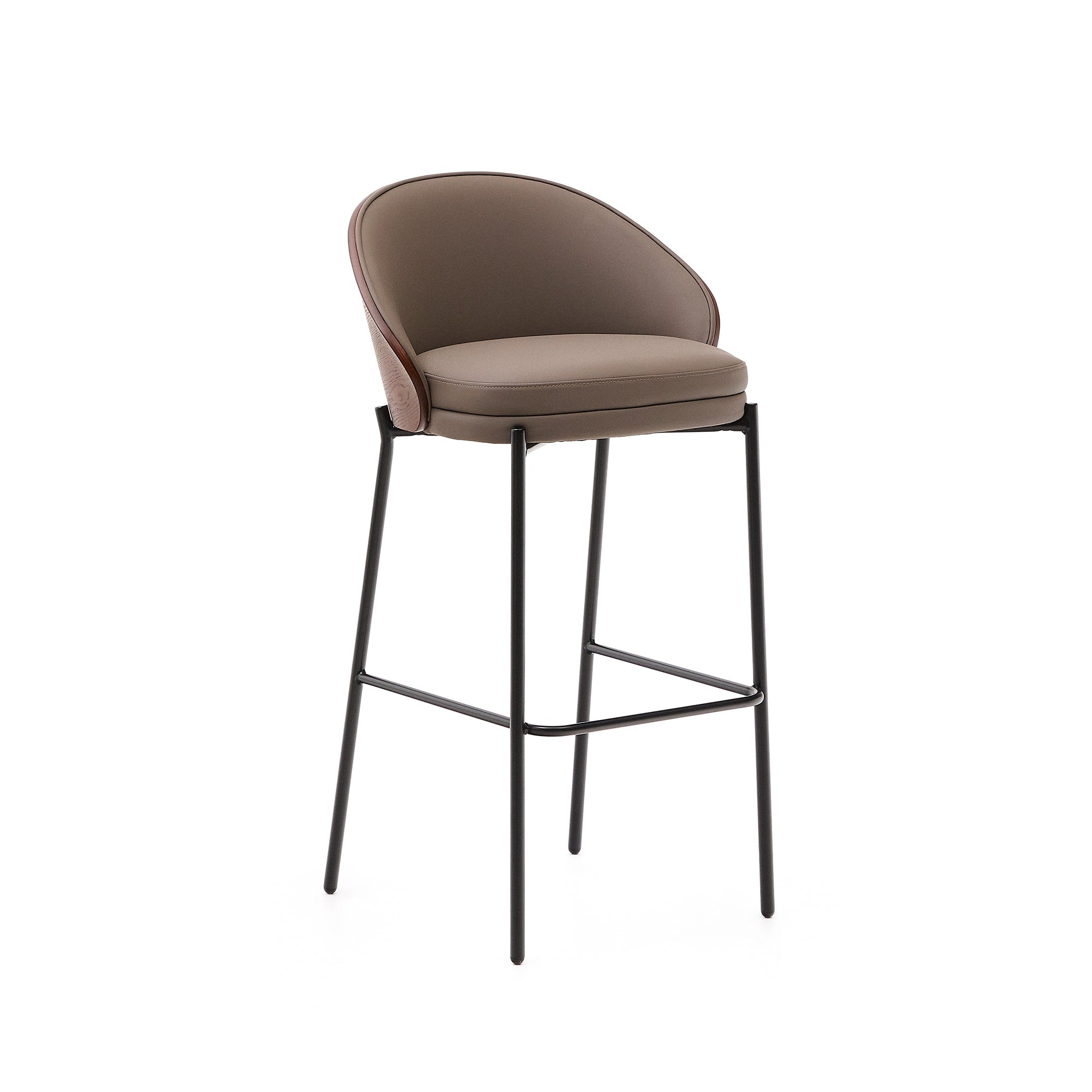 Eamy bar stool in brown artificial leather, ash veneer with walnut finish and brown metal 75 cm