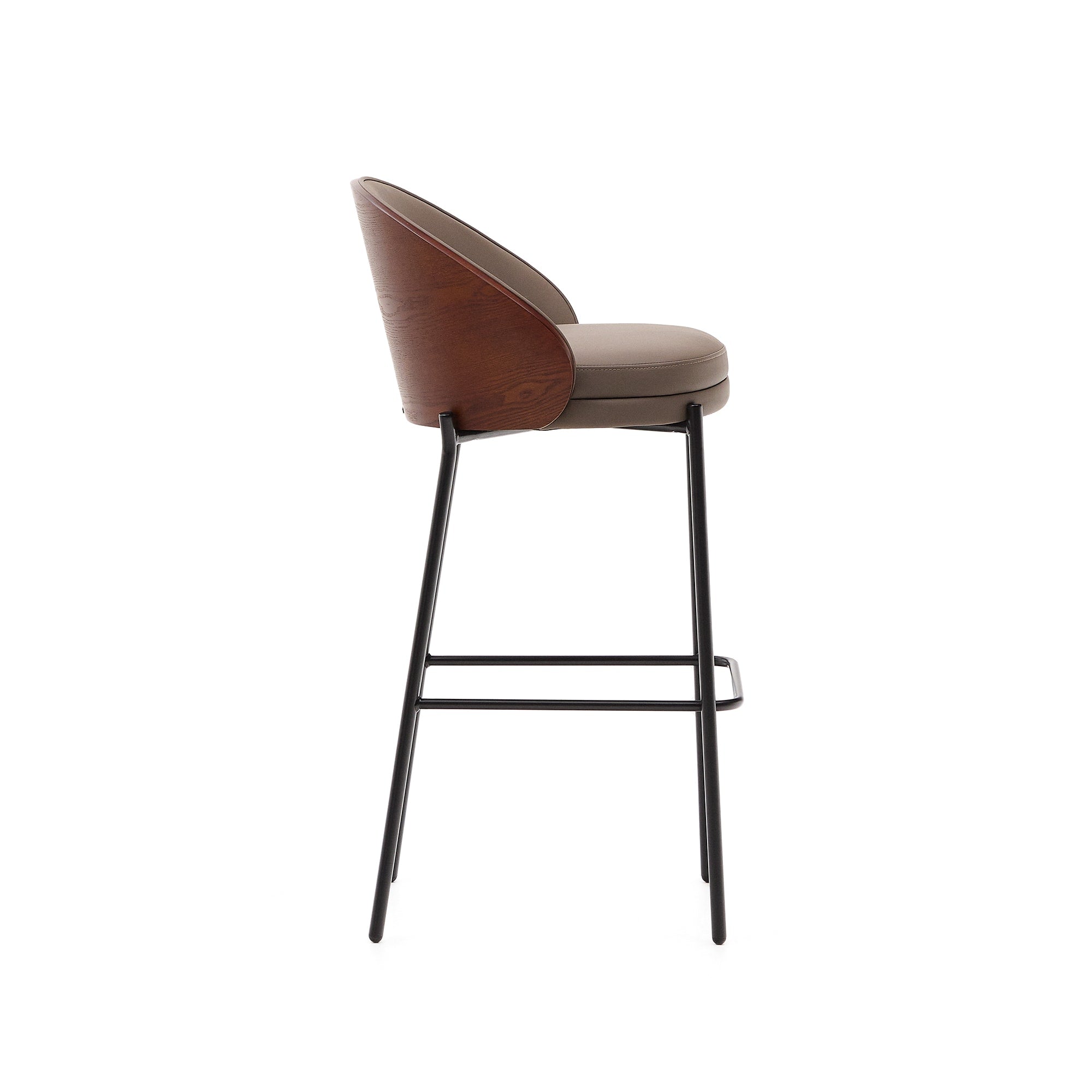 Eamy bar stool in brown artificial leather, ash veneer with walnut finish and brown metal 75 cm