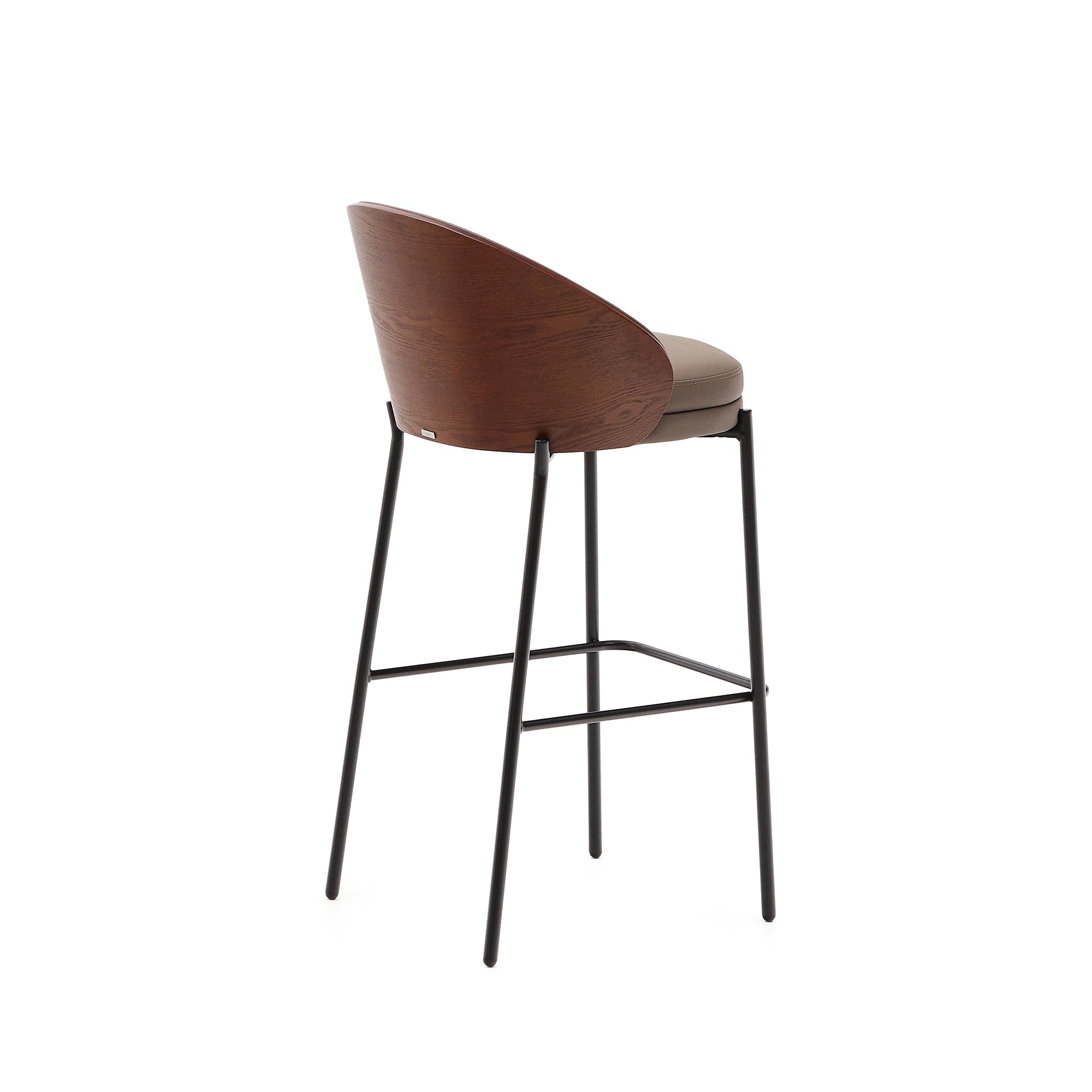 Eamy bar stool in brown artificial leather, ash veneer with walnut finish and brown metal 75 cm