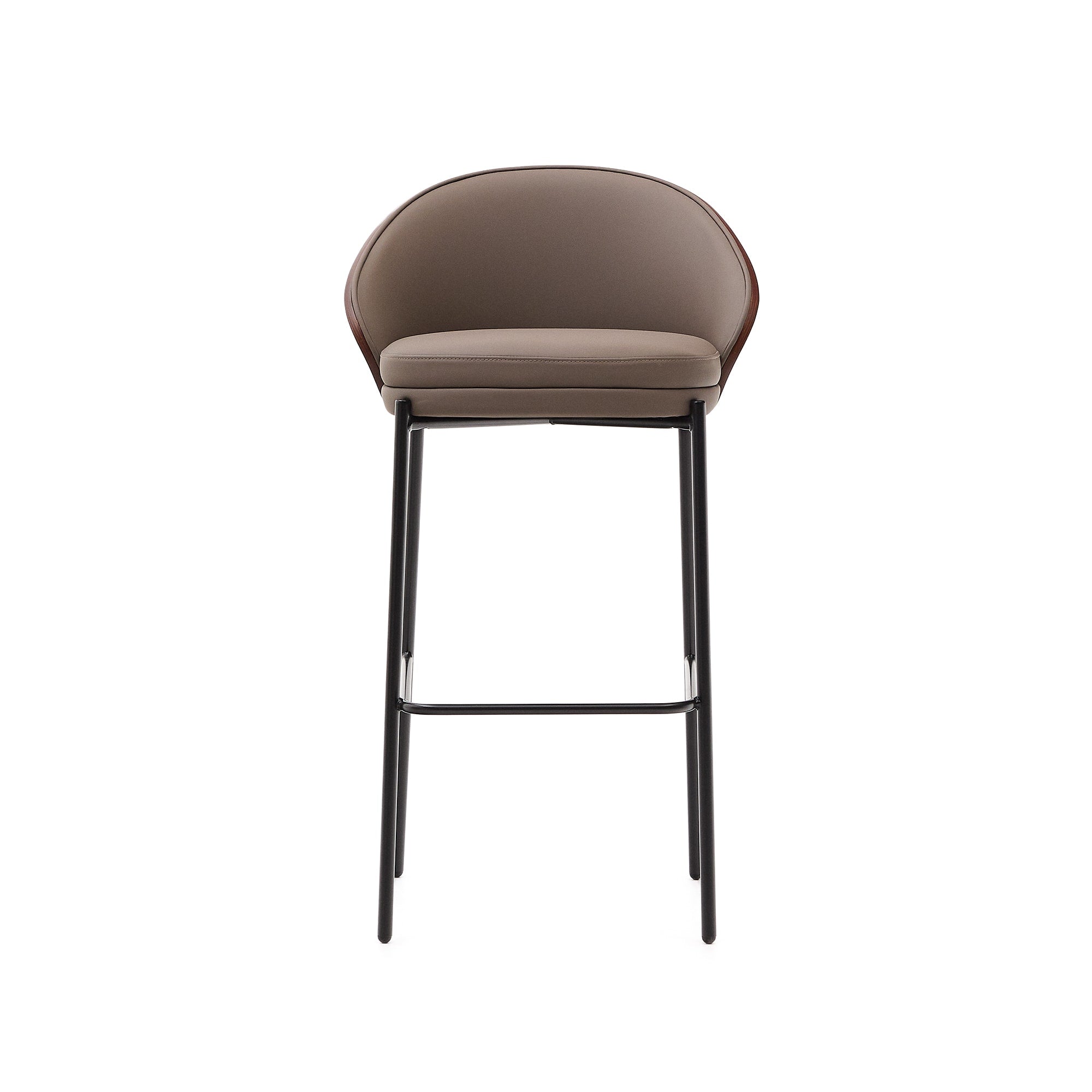 Eamy bar stool in brown artificial leather, ash veneer with walnut finish and brown metal 75 cm