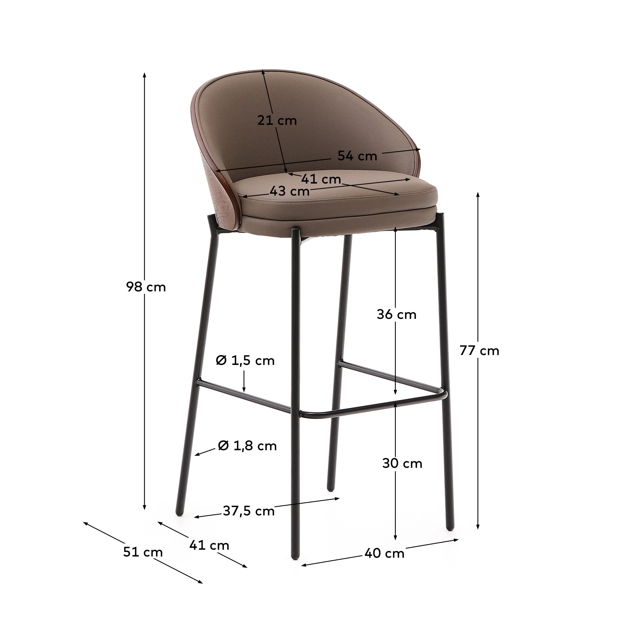Eamy stool in brown faux leather, ash veneer with walnut finish and brown metal 77 cm - Measurements