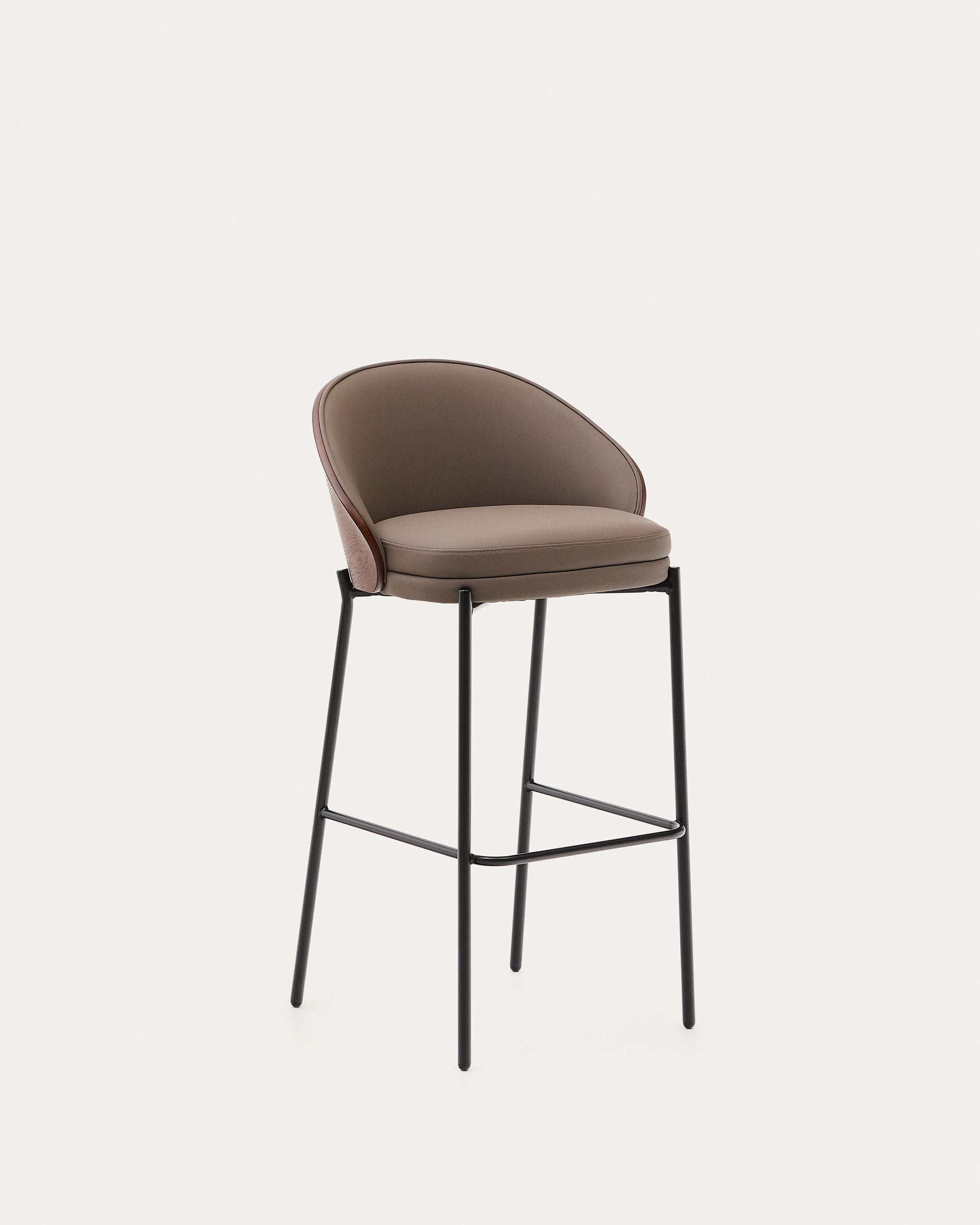 Eamy bar stool in brown artificial leather, ash veneer with walnut finish and brown metal 75 cm