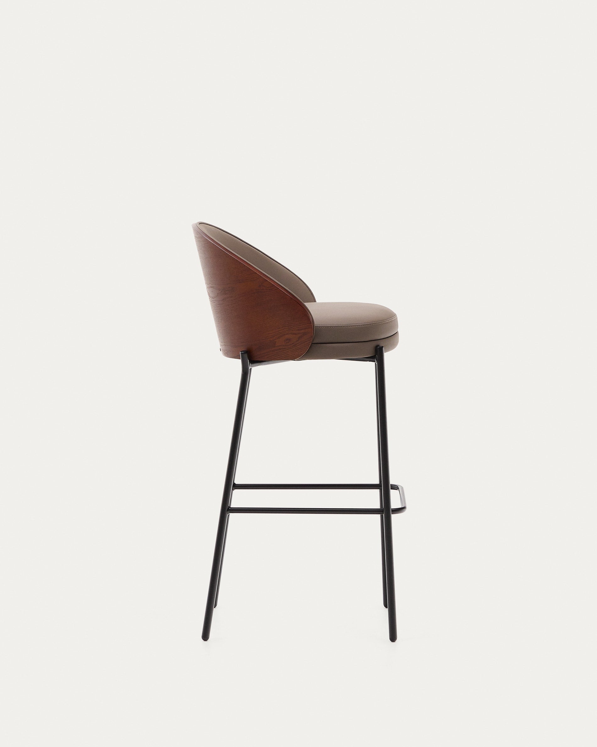 Eamy bar stool in brown artificial leather, ash veneer with walnut finish and brown metal 75 cm