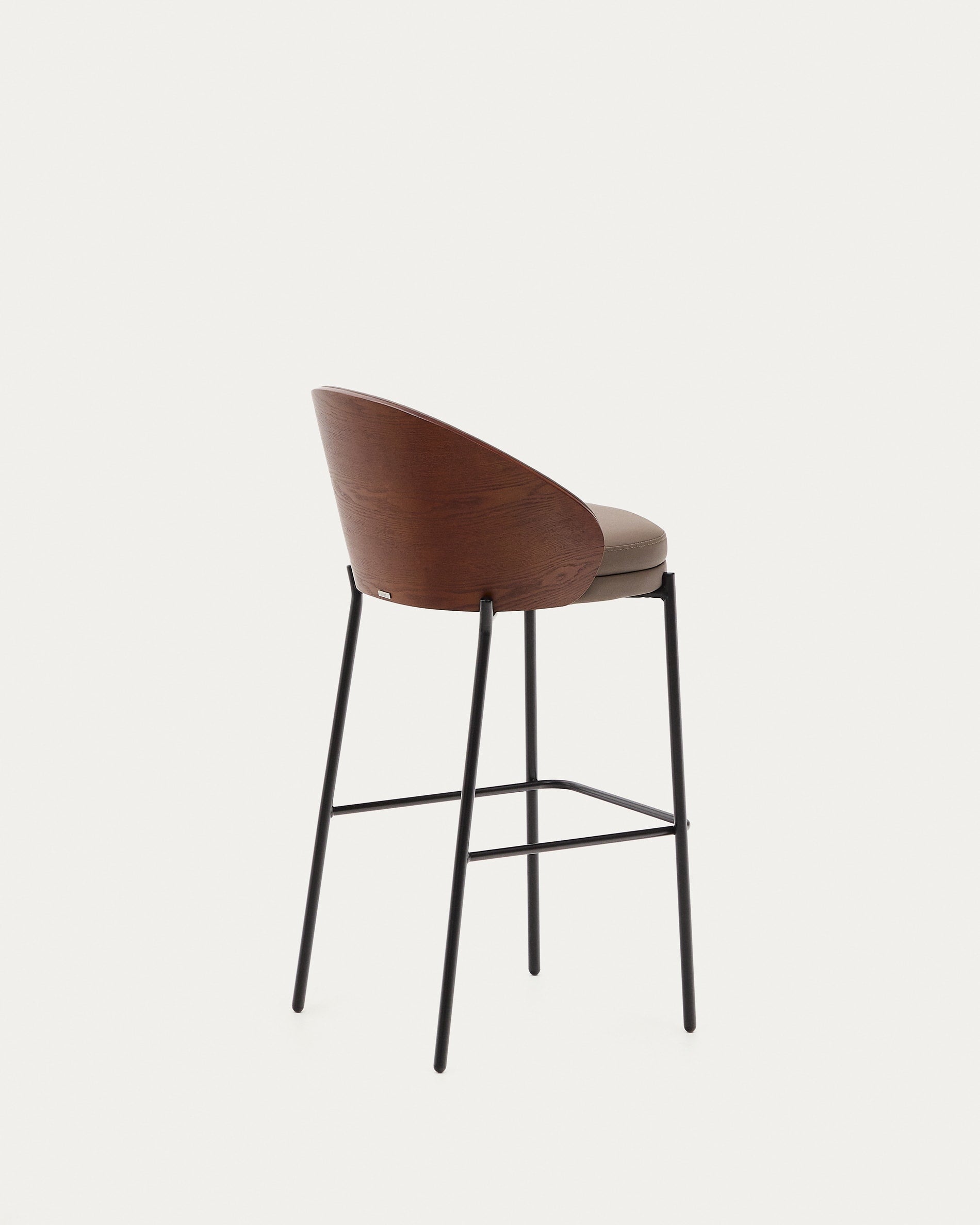 Eamy bar stool in brown artificial leather, ash veneer with walnut finish and brown metal 75 cm