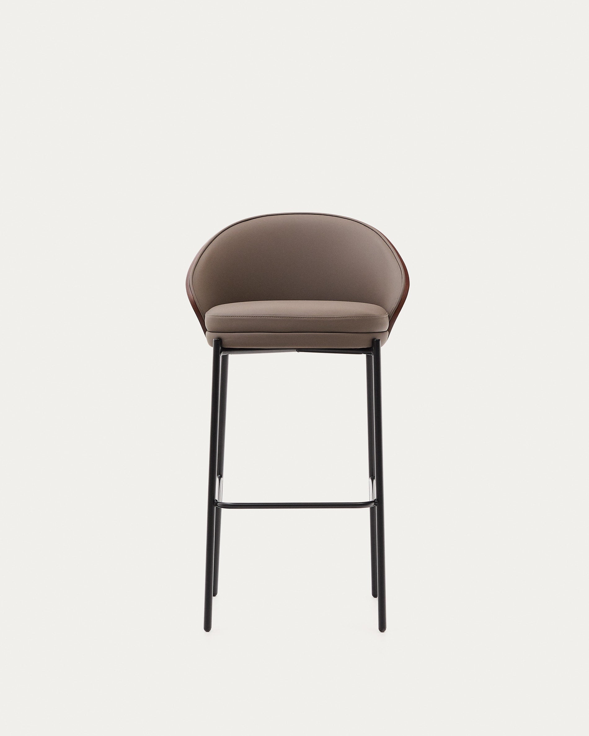 Eamy bar stool in brown artificial leather, ash veneer with walnut finish and brown metal 75 cm