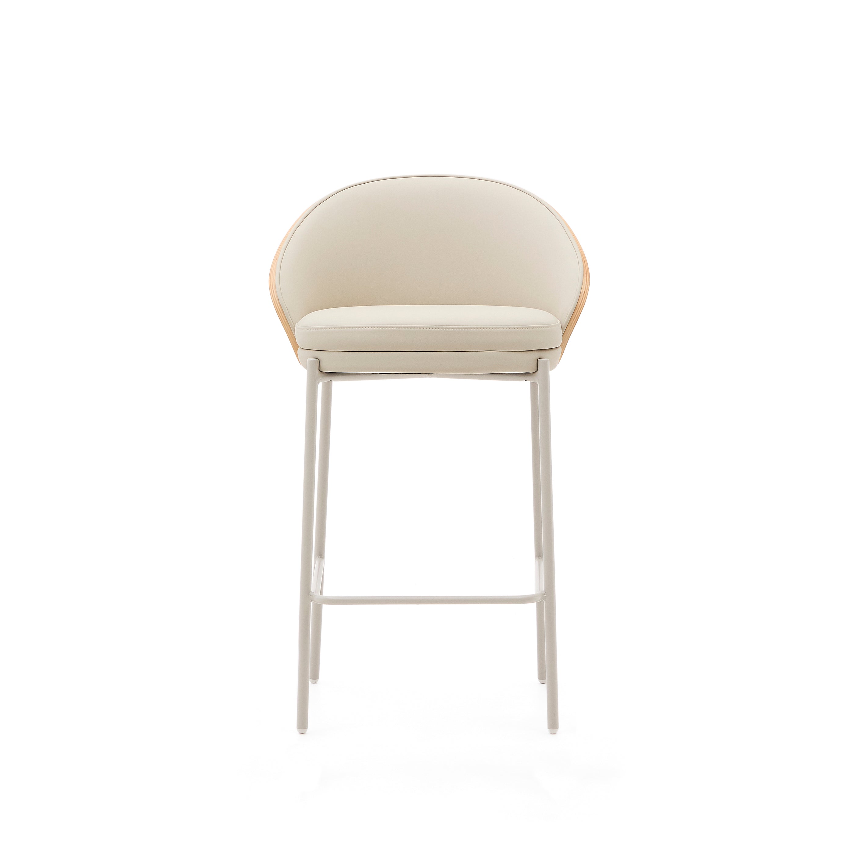 Eamy stool in beige faux leather, natural finish ash veneer and beige metal 65cm - Product Image