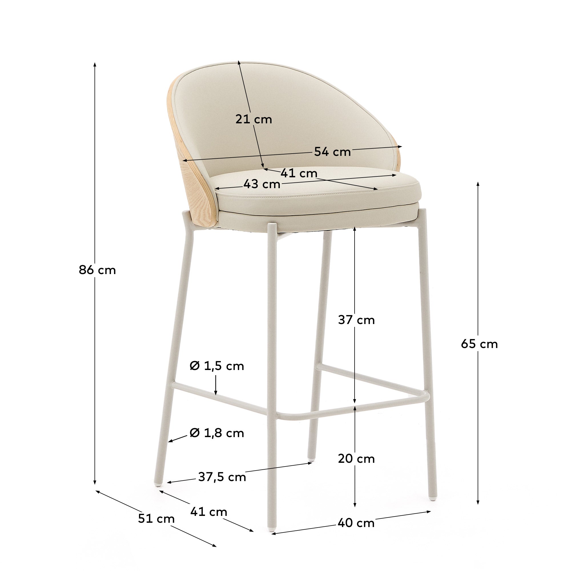 Eamy stool in beige faux leather, natural finish ash veneer and beige metal 65cm - Measurements
