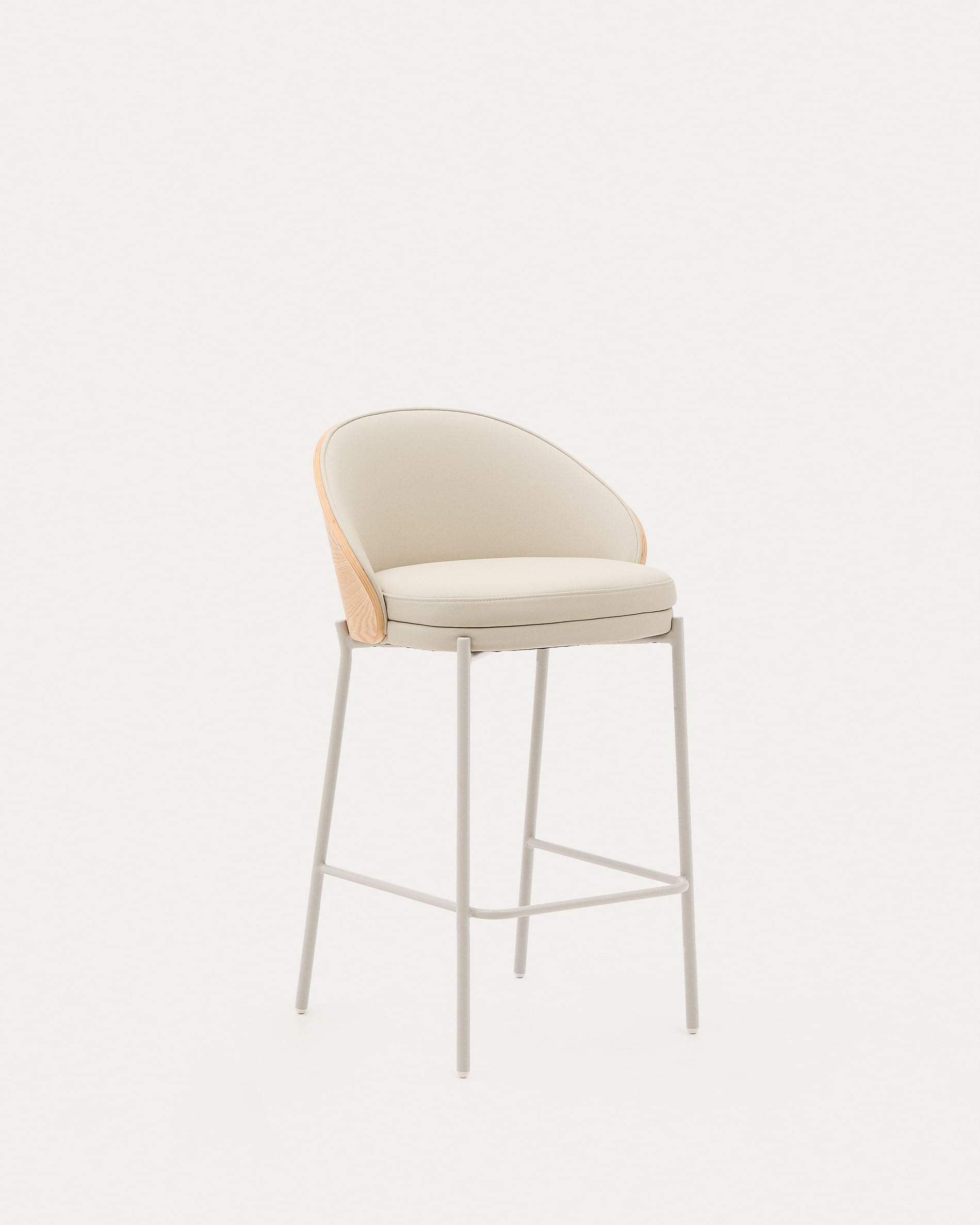 Eamy stool with beige artificial leather, natural finish ash veneer and beige metal 65cm