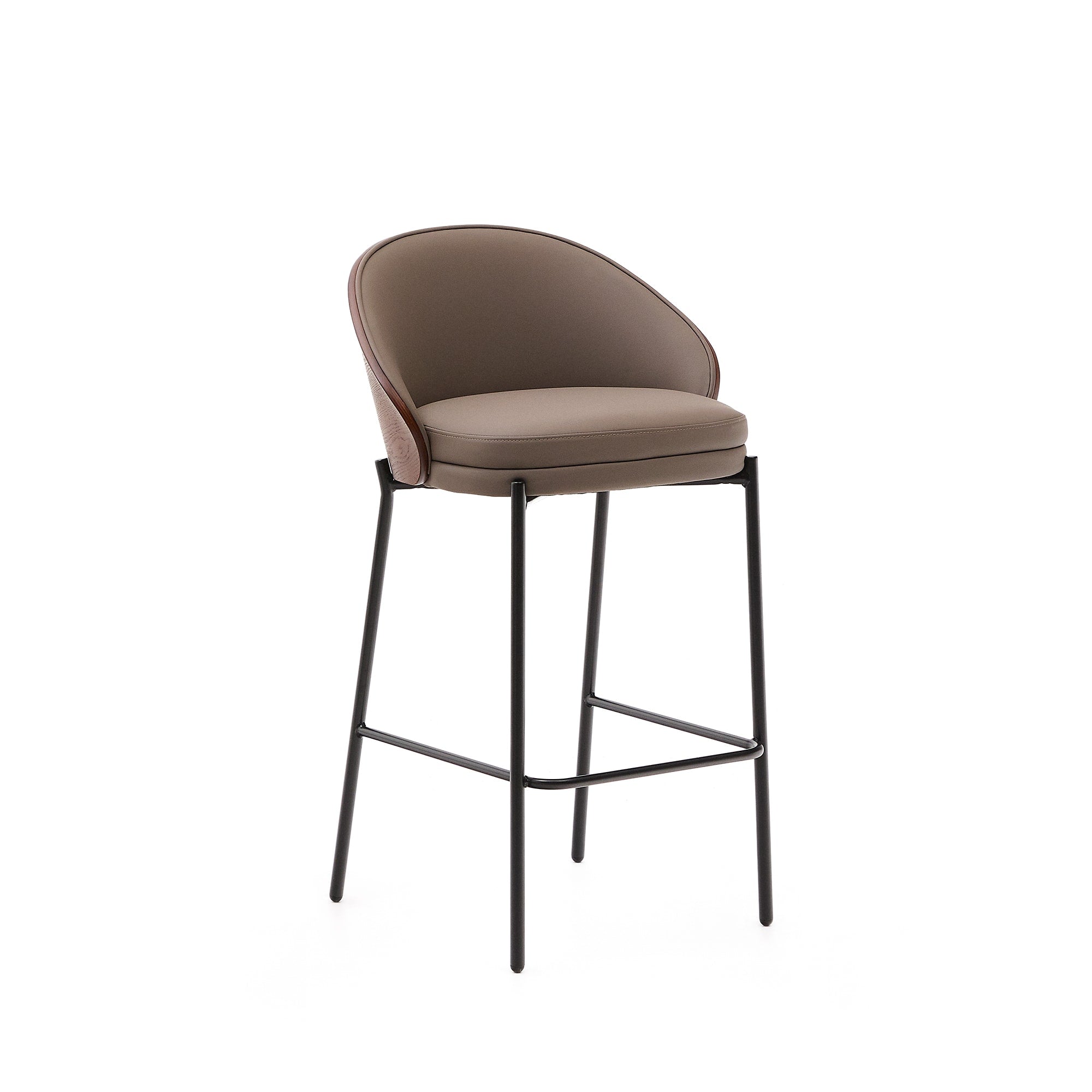 Eamy bar stool with brown faux leather, ash veneer, walnut finish and black metal 65 cm