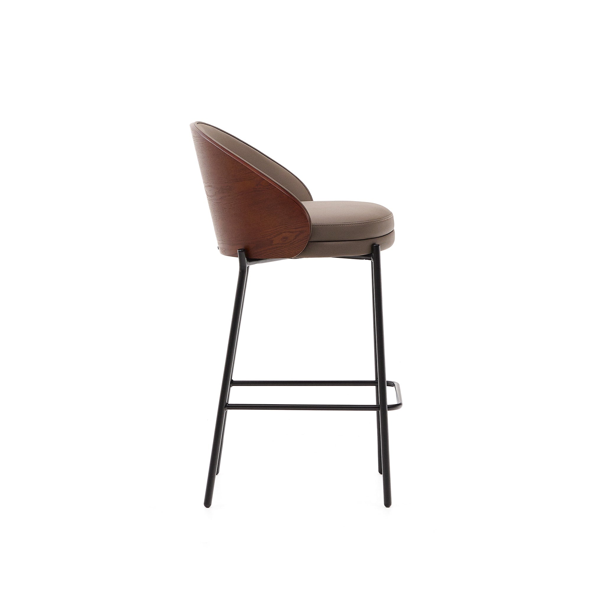 Eamy bar stool with brown faux leather, ash veneer, walnut finish and black metal 65 cm