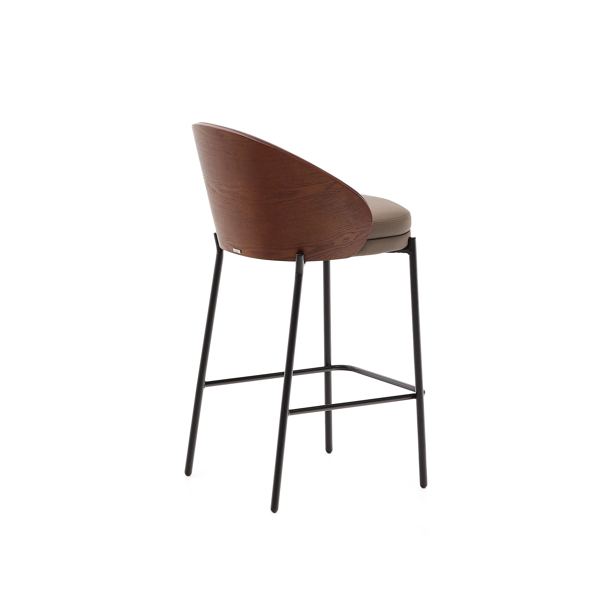 Eamy bar stool with brown faux leather, ash veneer, walnut finish and black metal 65 cm