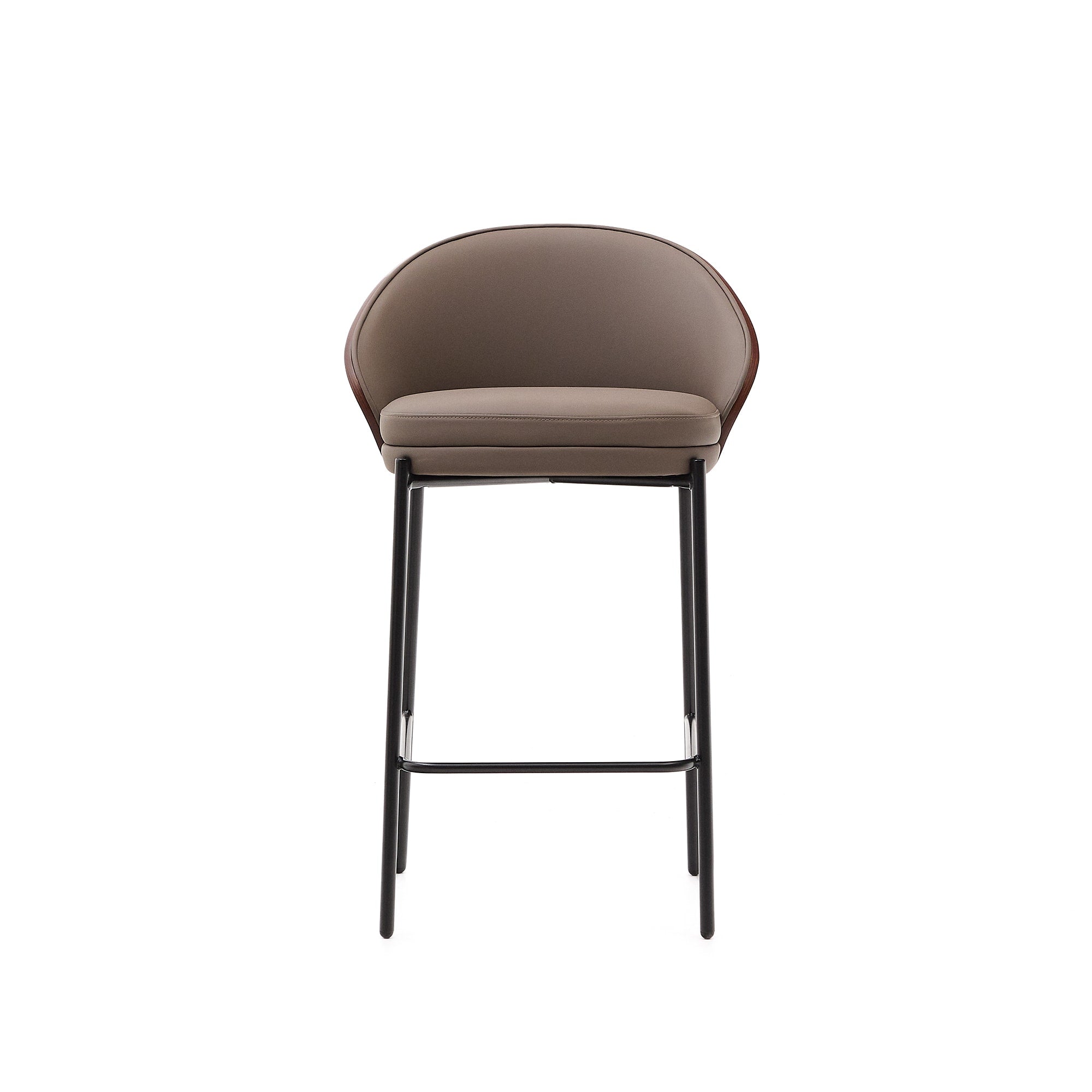 Eamy bar stool with brown faux leather, ash veneer, walnut finish and black metal 65 cm