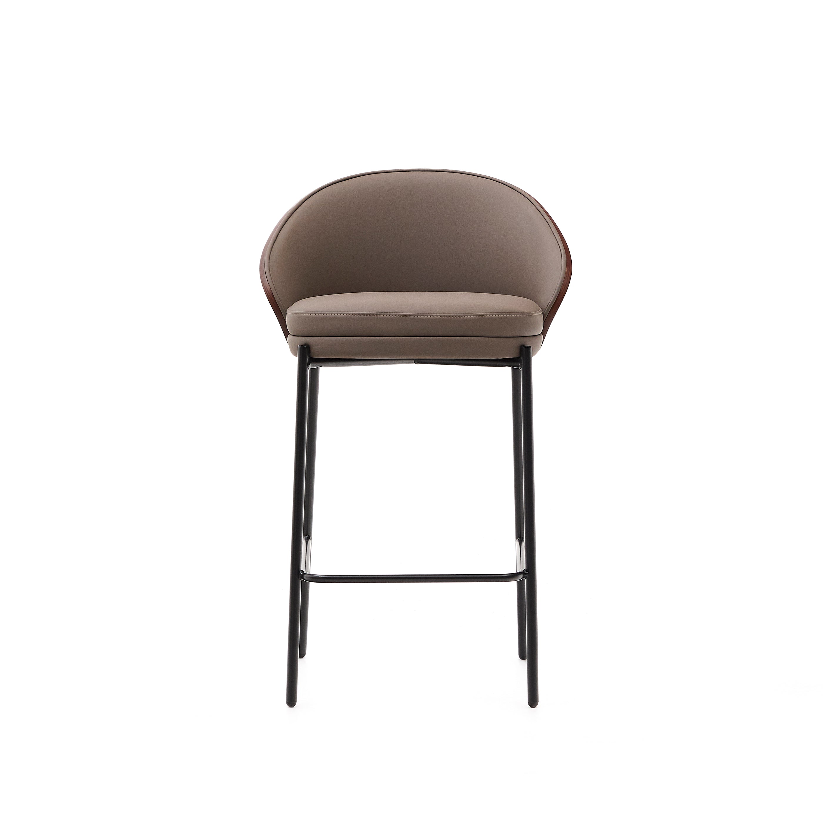 Eamy stool in brown faux leather, ash veneer, walnut finish and black metal 65 cm - Product Image