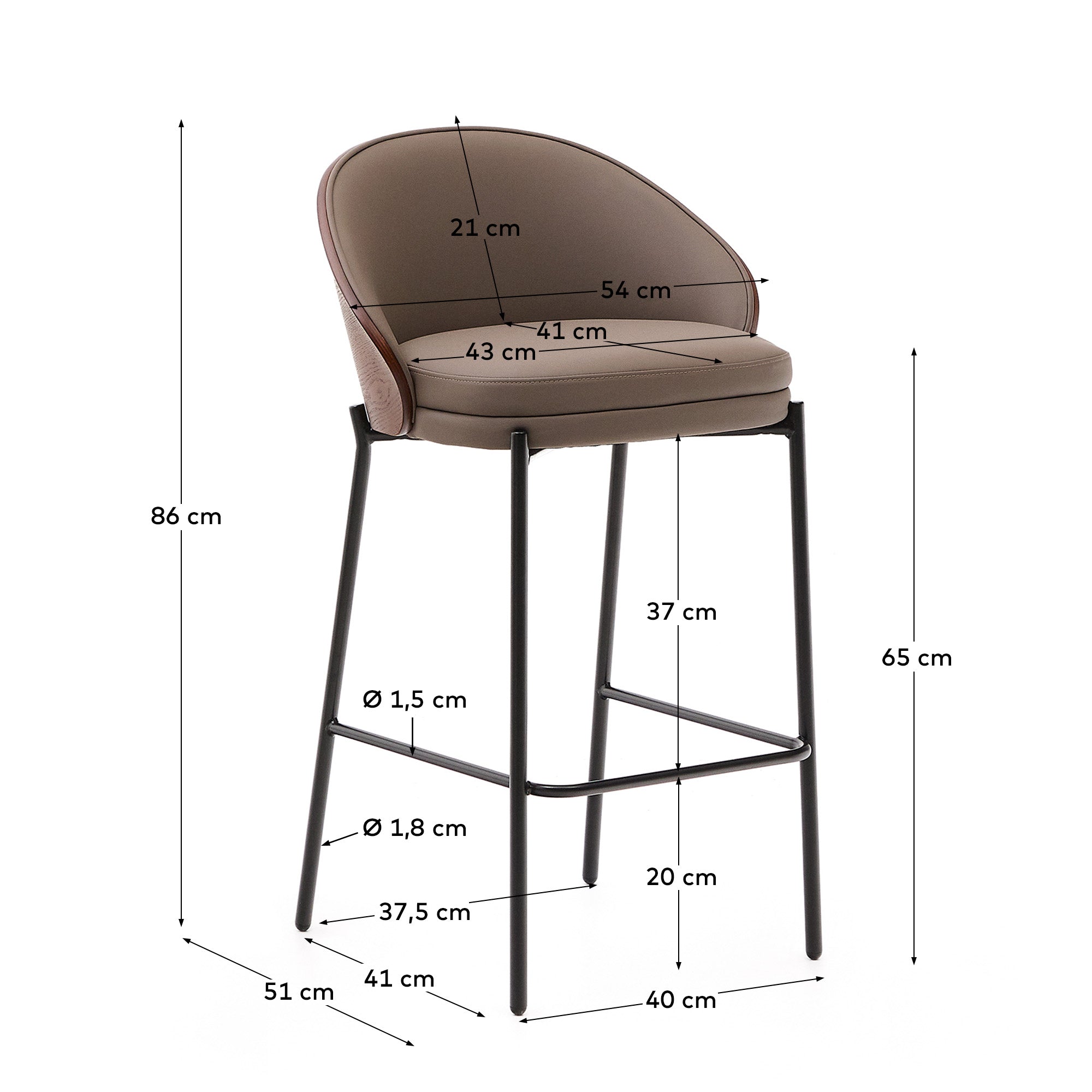 Eamy stool in brown faux leather, ash veneer, walnut finish and black metal 65 cm - Measurements