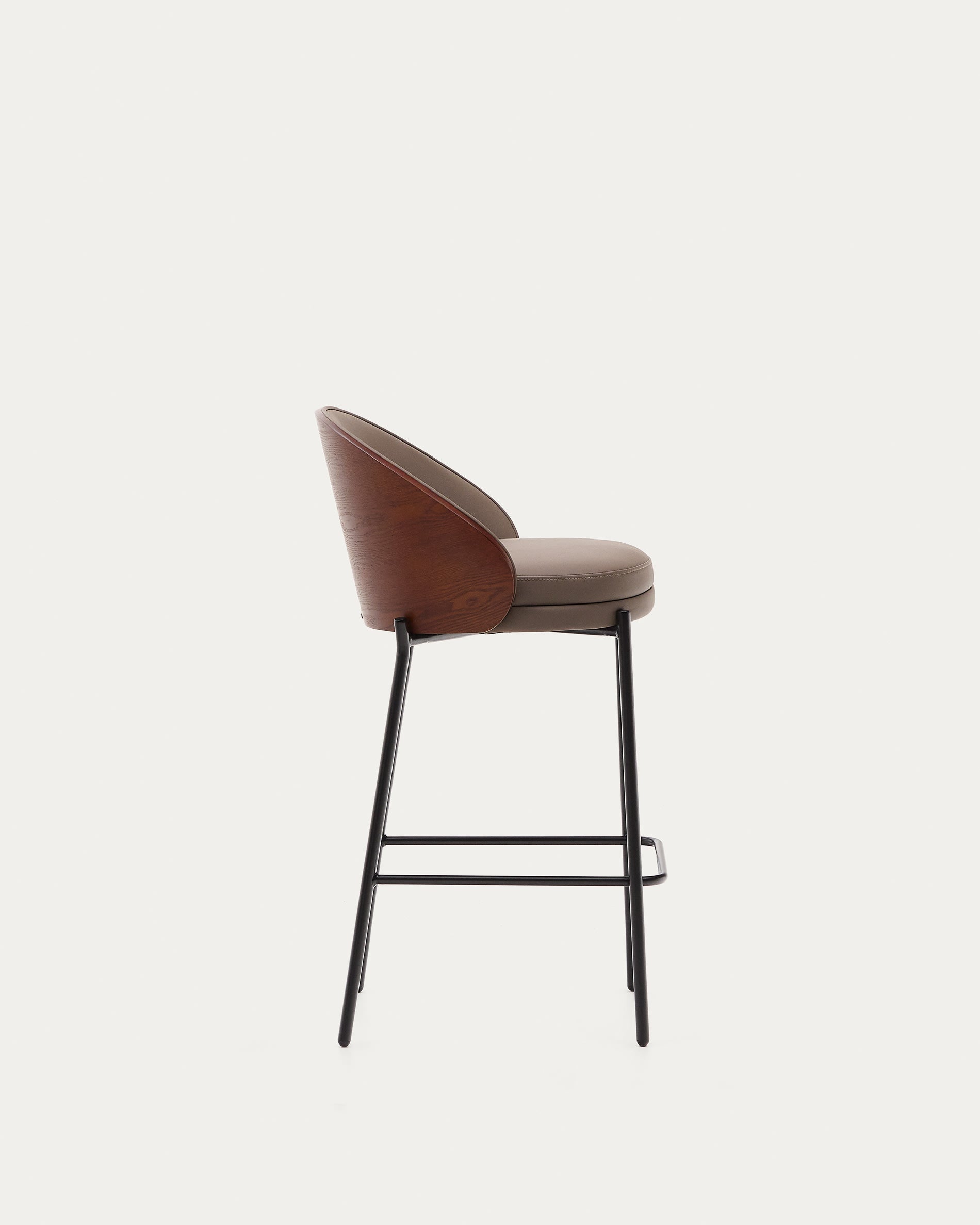 Eamy bar stool with brown faux leather, ash veneer, walnut finish and black metal 65 cm