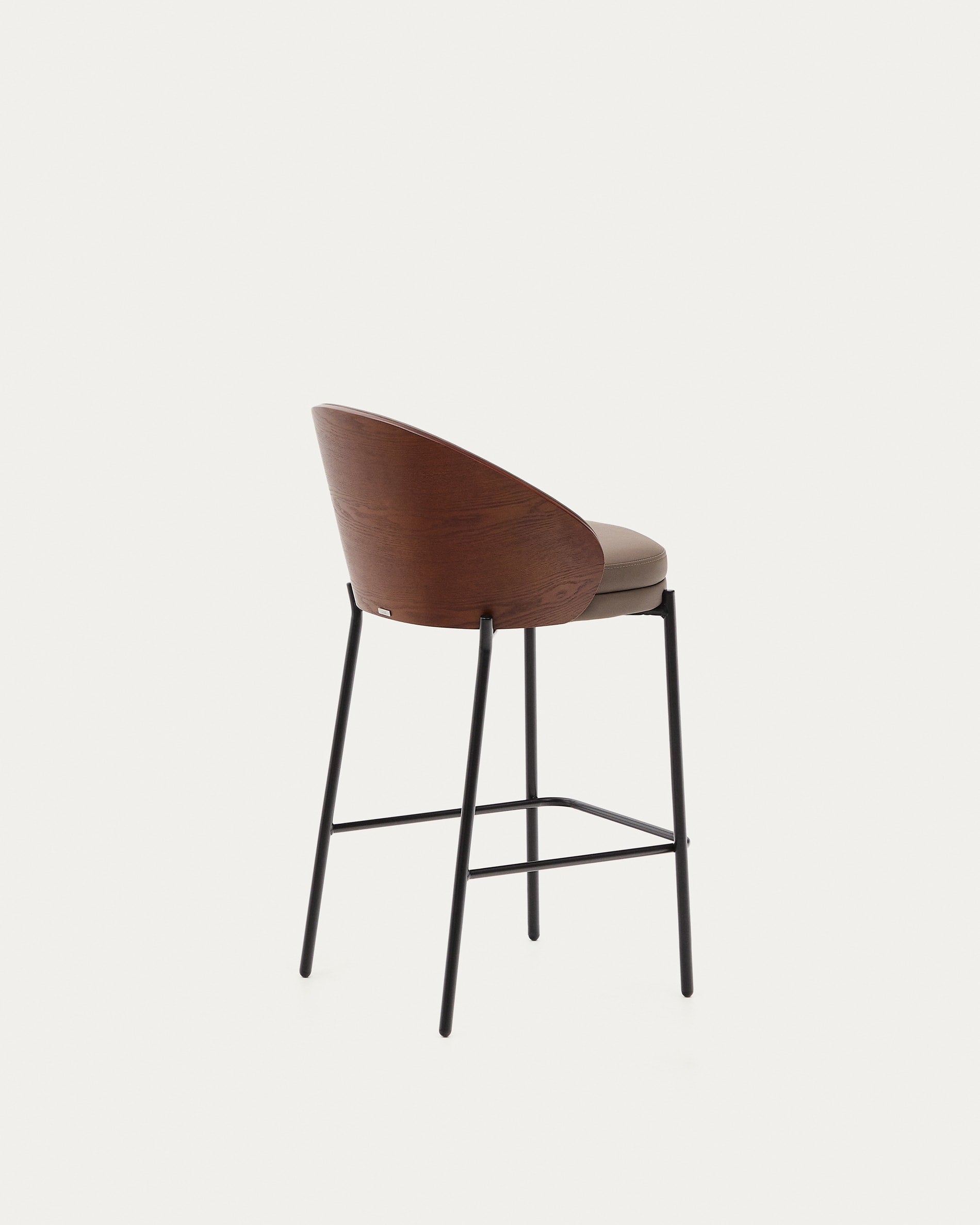 Eamy bar stool with brown faux leather, ash veneer, walnut finish and black metal 65 cm