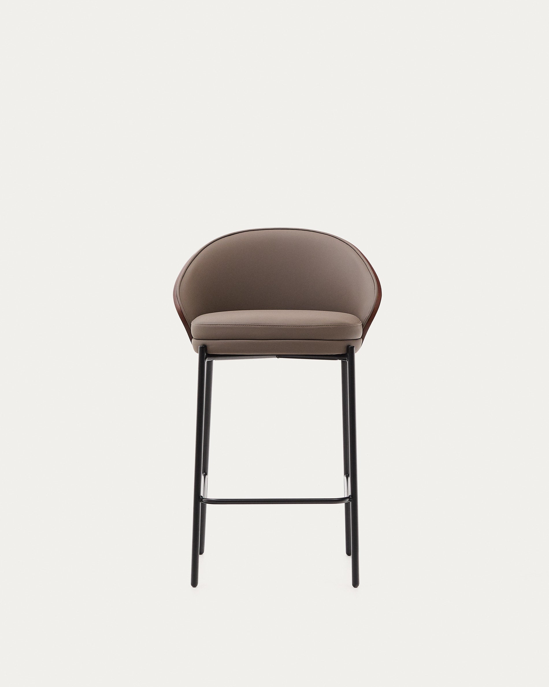 Eamy bar stool with brown faux leather, ash veneer, walnut finish and black metal 65 cm