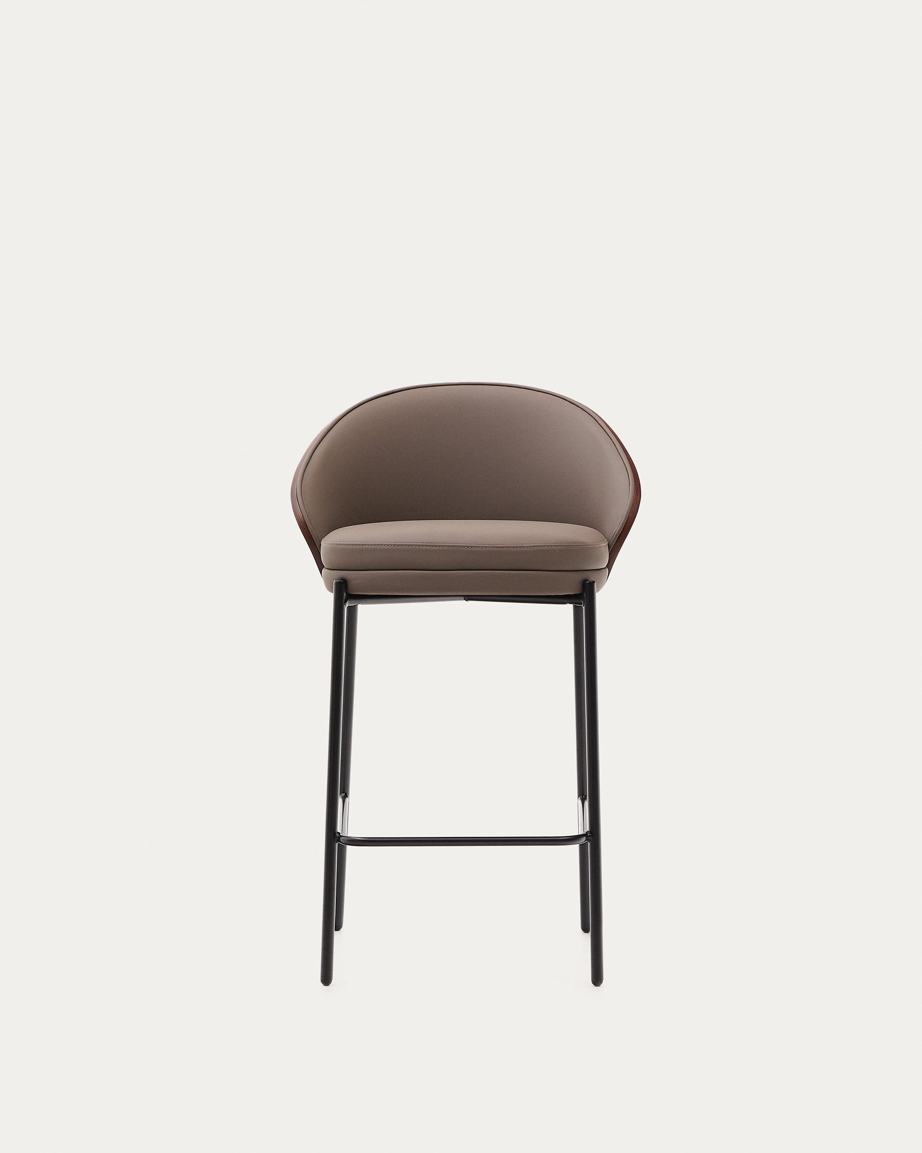 Eamy stool in brown faux leather, ash veneer, walnut finish and black metal 65 cm - Product View