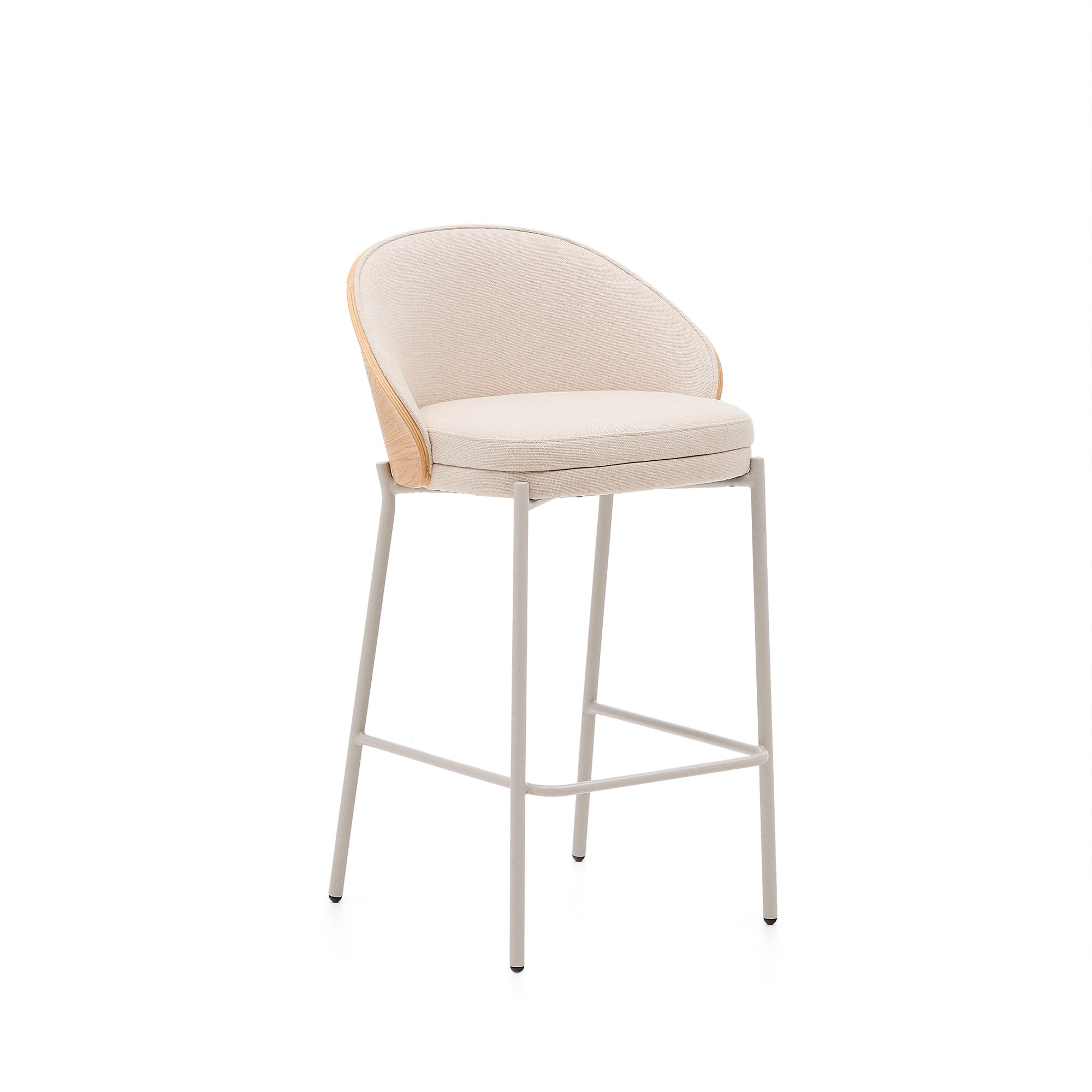 Eamy stool in beige chenille with natural finish ash veneer and beige metal, height 65 cm