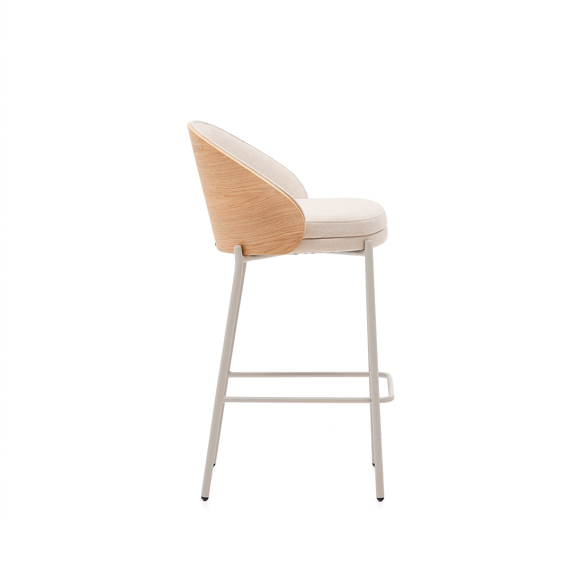 Eamy stool in beige chenille with natural finish ash veneer and beige metal, height 65 cm