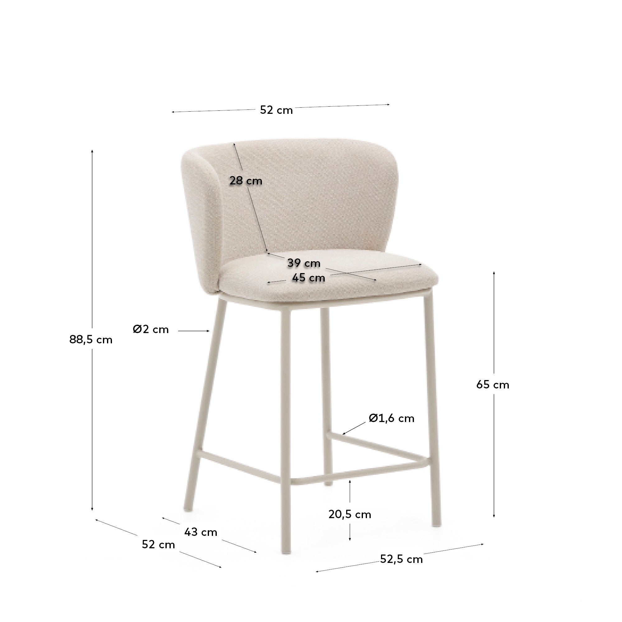 Ciselia stool in beige chenille and beige steel, height 65 cm, FSC Mix Credit - Measurements