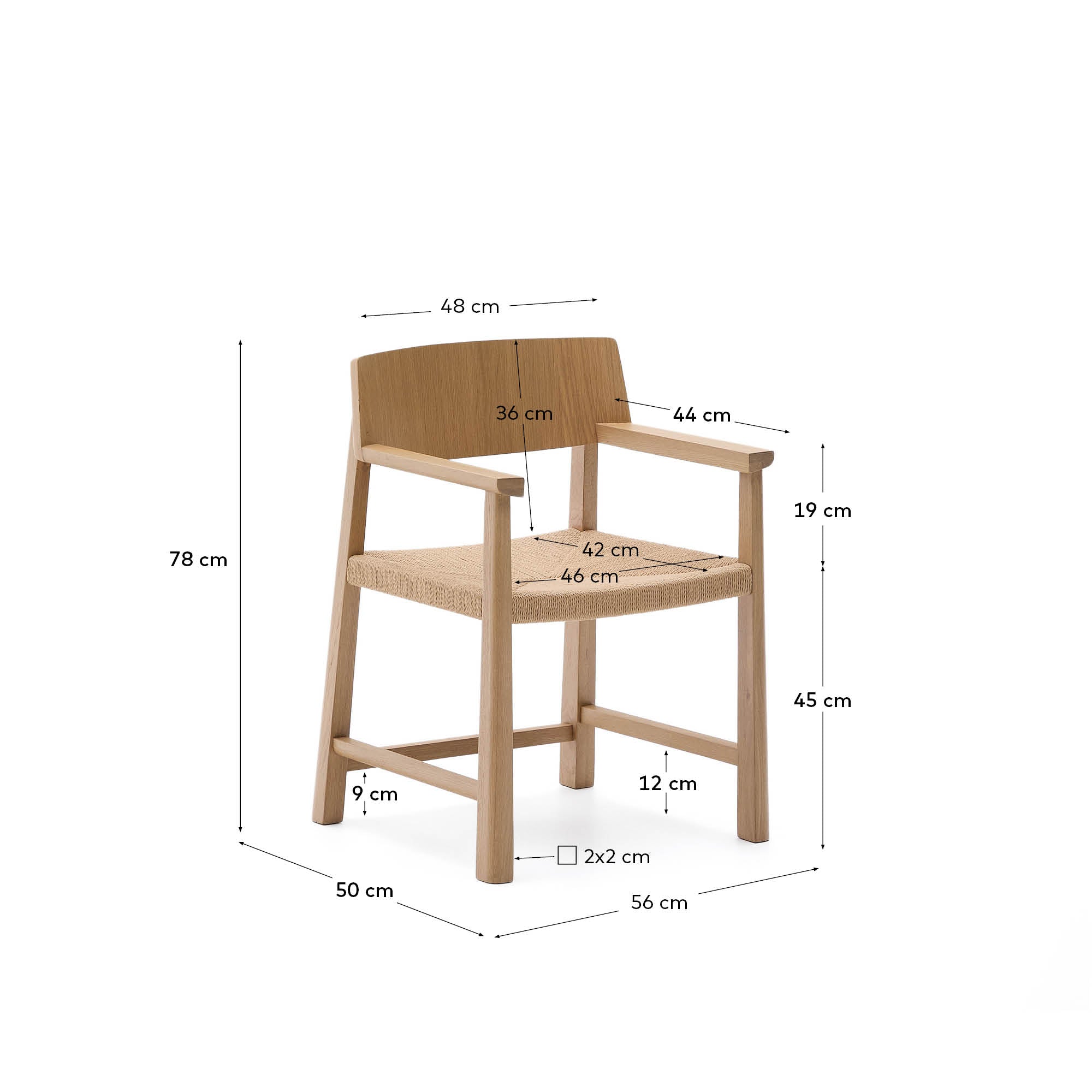 Idun chair made of FSC Mix Credit solid oak wood with natural tone finish and rope cord seat - Measurements