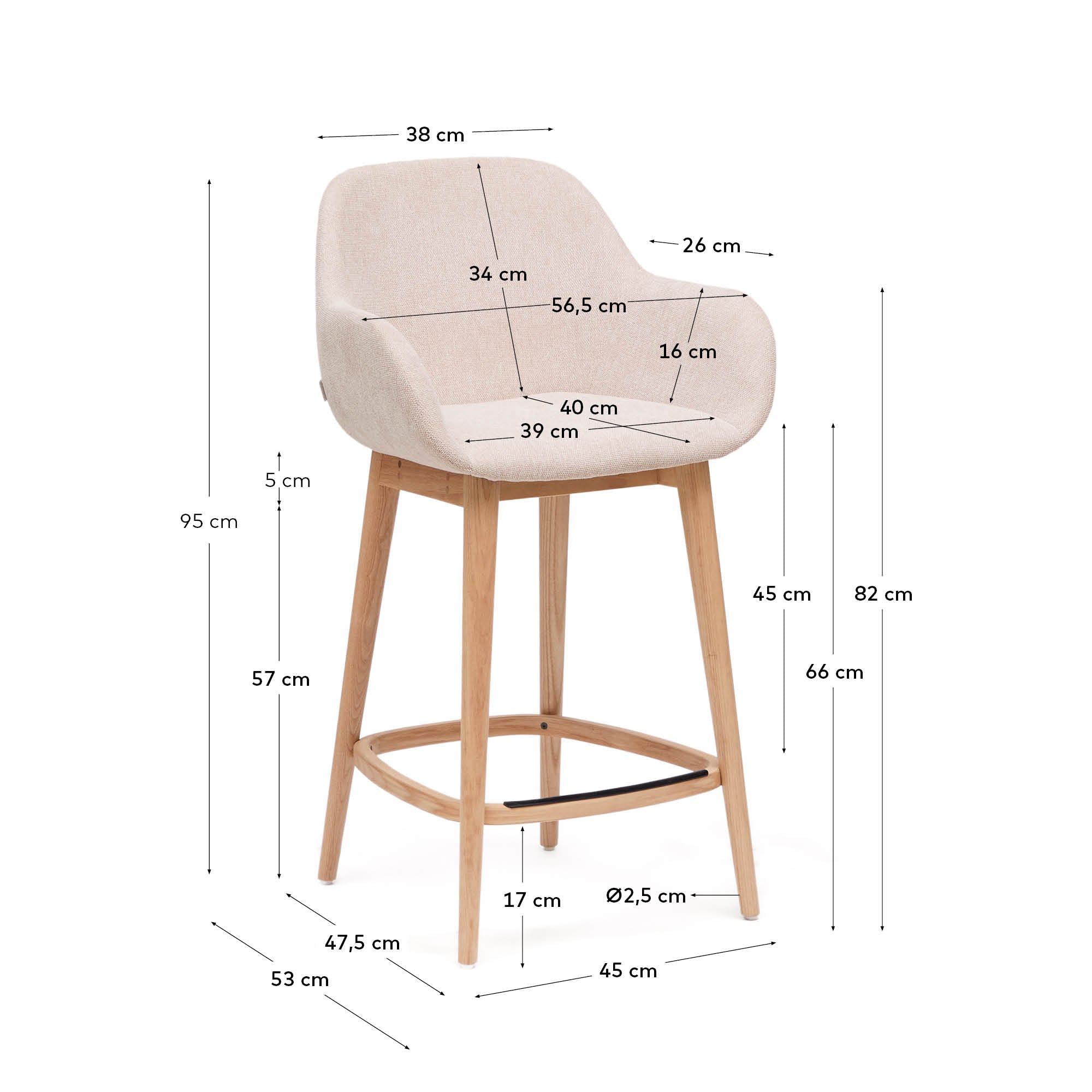 Konna stool in beige and solid ash wood legs in a light finish, 65 cm - Measurements
