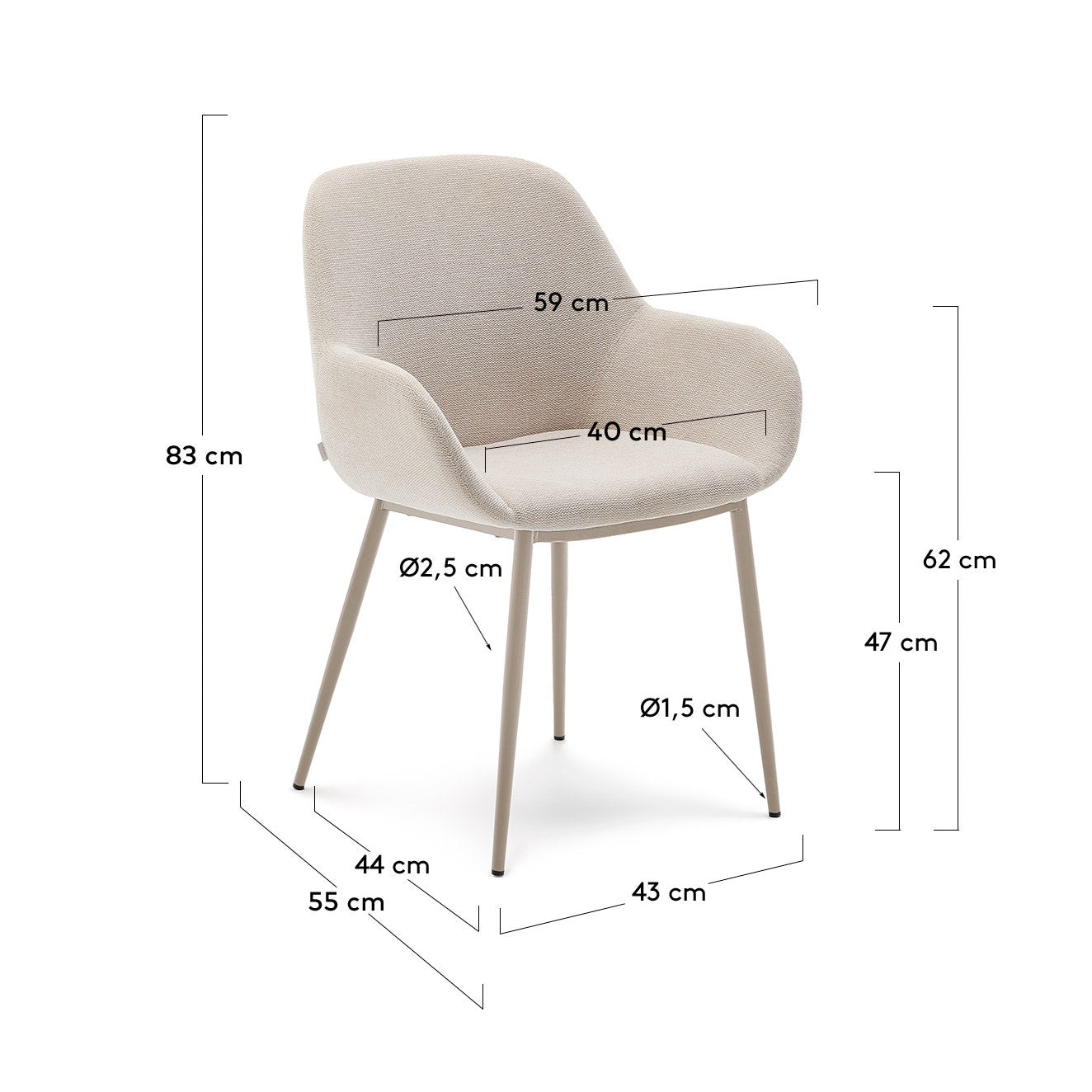 Konna chair in beige and steel legs in a painted beige finish - Measurements