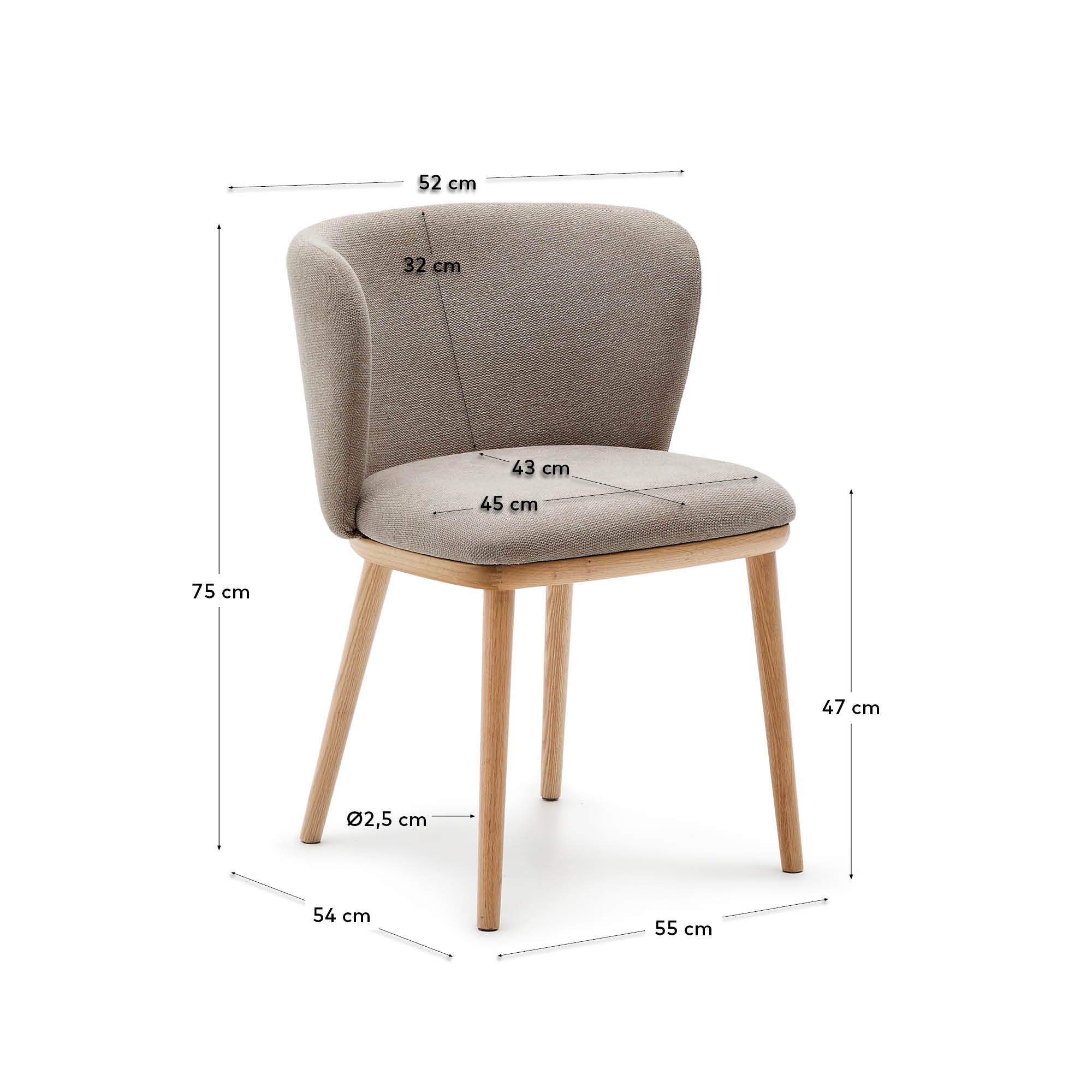Ciselia chair brown chenille and solid ash wood natural tone finish FSC Mix Credit - Measurements