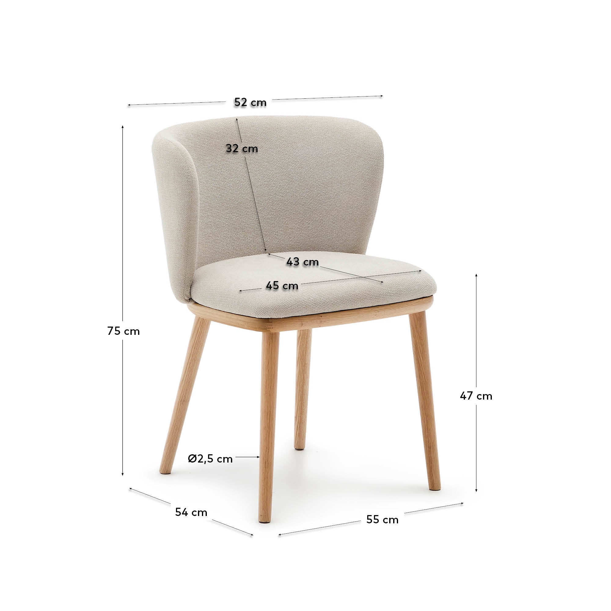 Ciselia chair beige chenille and solid ash wood natural tone finish FSC Mix Credit - Measurements