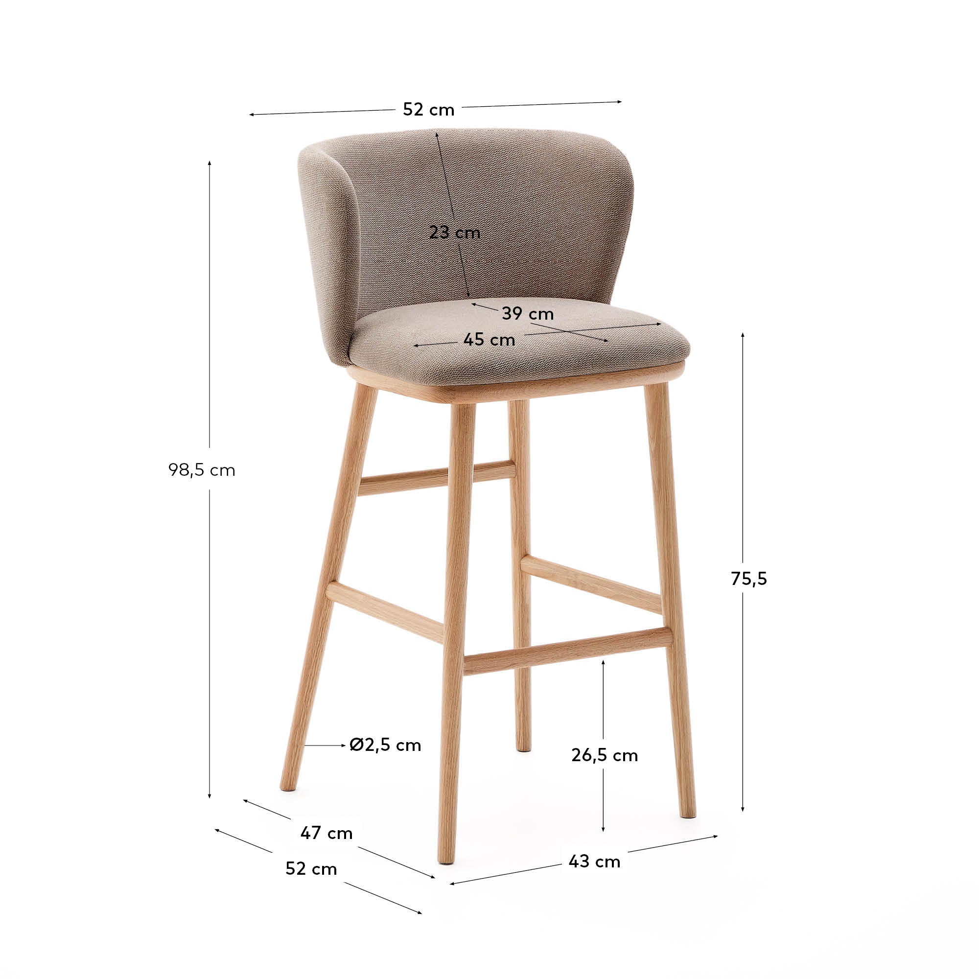 Ciselia stool brown chenille and solid ash wood natural tone finish FSC Mix Credit 75 cm - Measurements