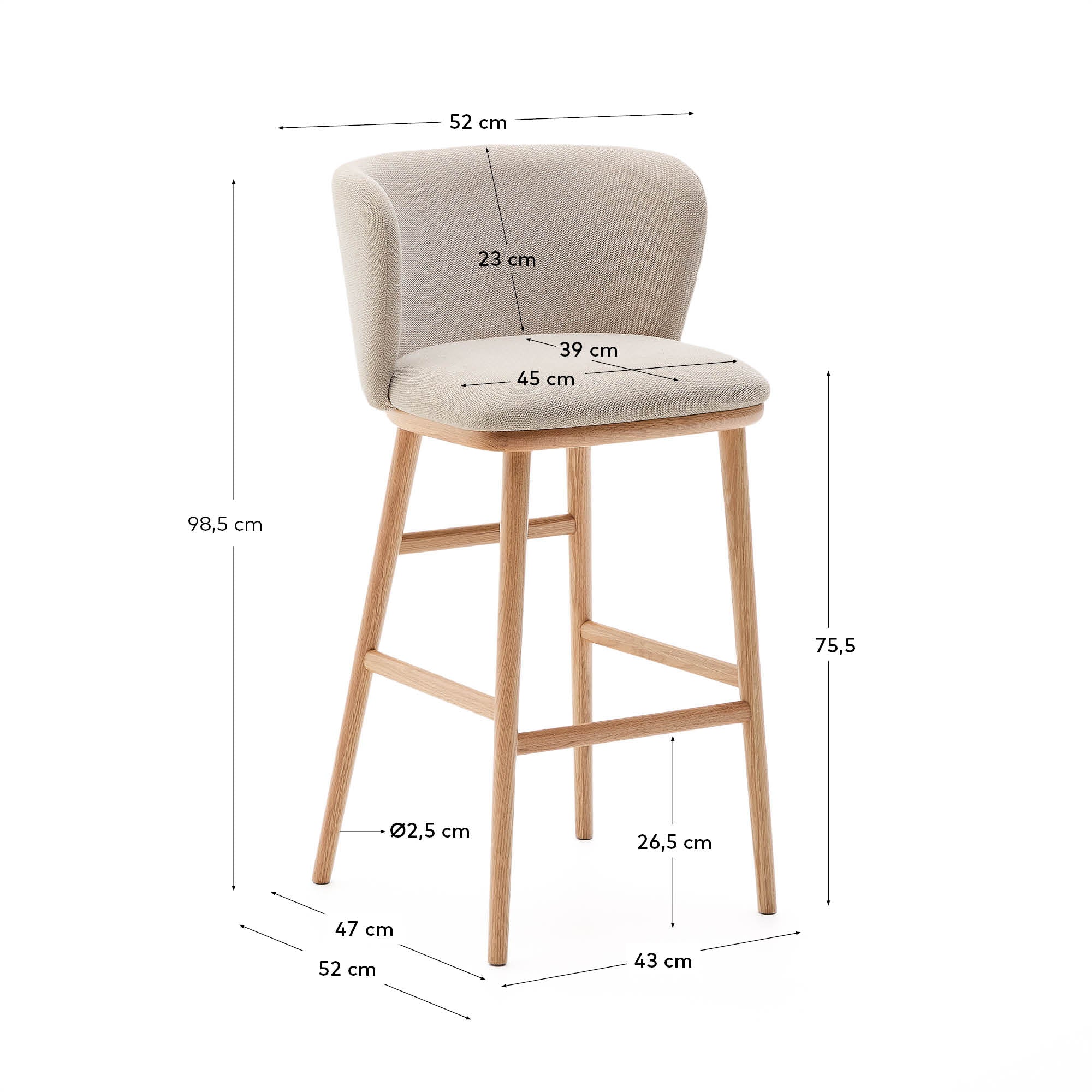 Ciselia stool beige chenille and solid ash wood natural tone finish FSC Mix Credit 75 cm - Measurements