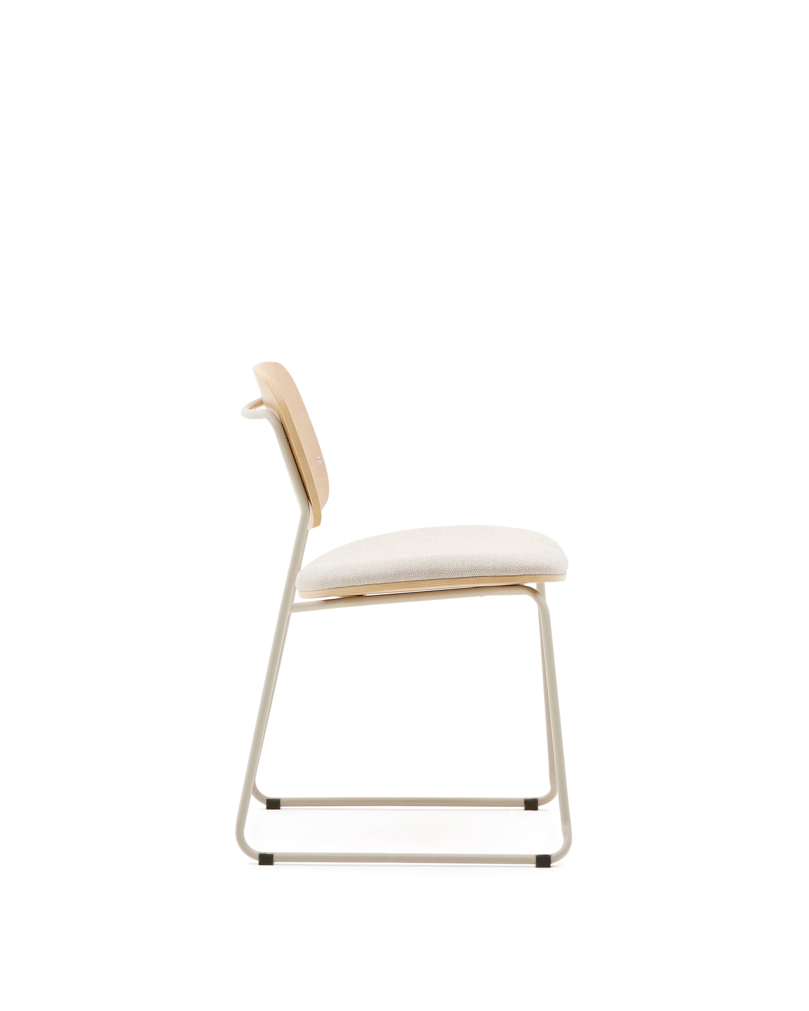 Meli stackable chair in poplar plywood with beige chenille seat and beige metal legs FSC Mix Credit - Product Image