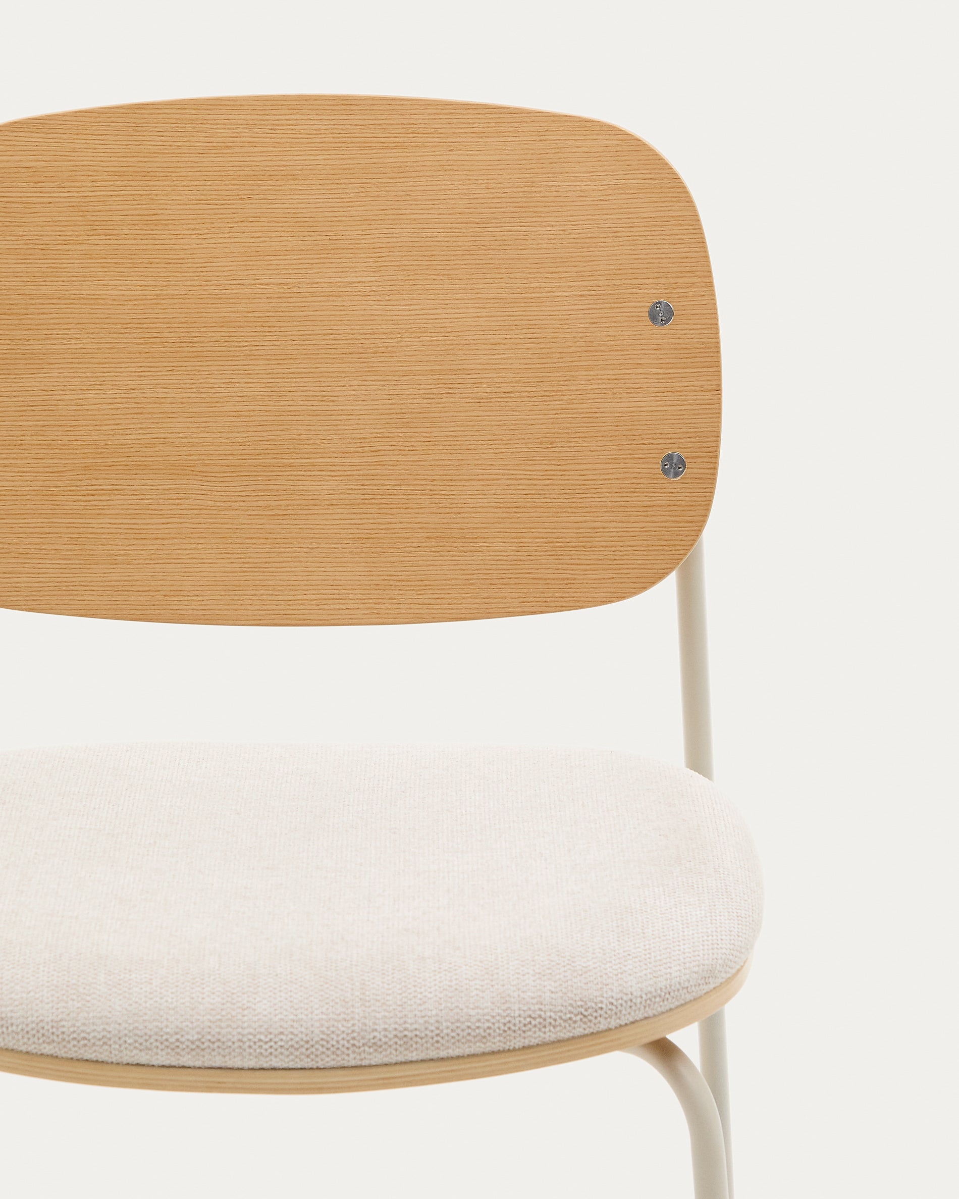Meli stackable chair in poplar plywood with beige chenille seat and beige metal legs FSC Mix Credit - Detail