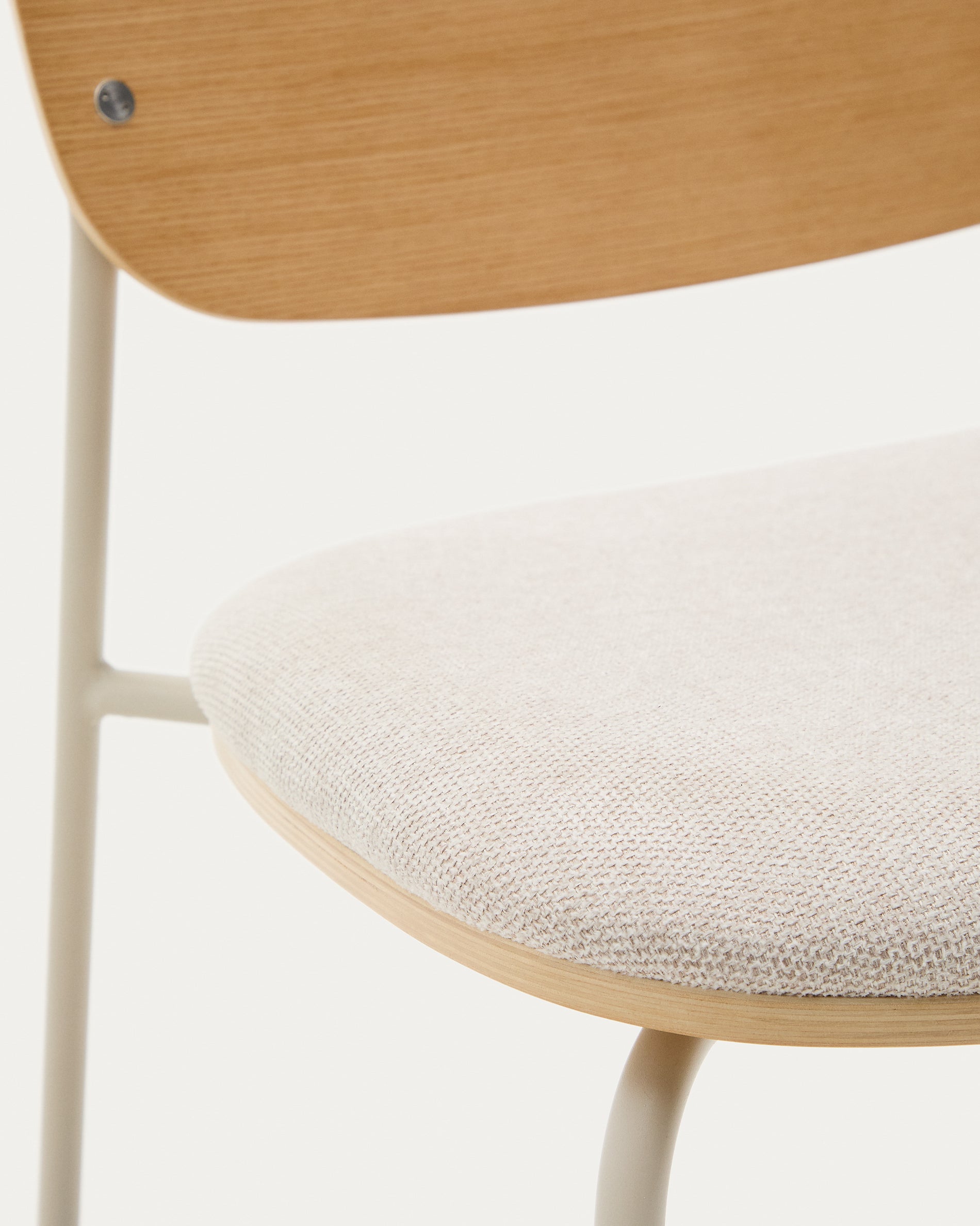 Meli stackable chair in poplar plywood with beige chenille seat and beige metal legs FSC Mix Credit - Detail
