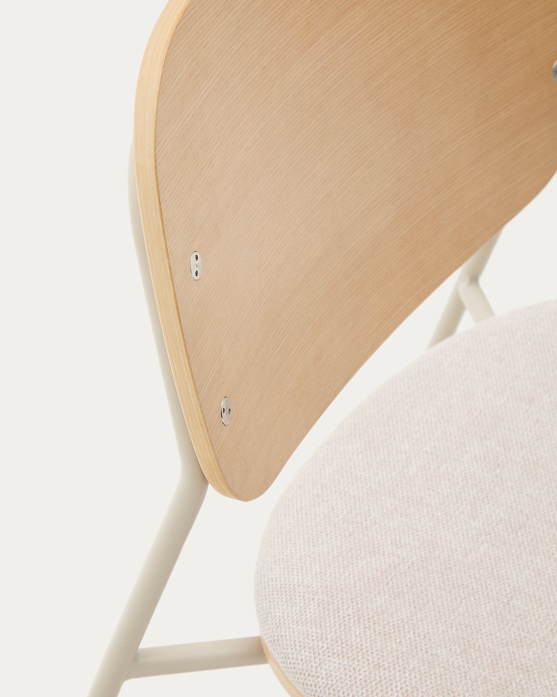 Meli stackable chair in poplar plywood with beige chenille seat and beige metal legs FSC Mix Credit - Detail