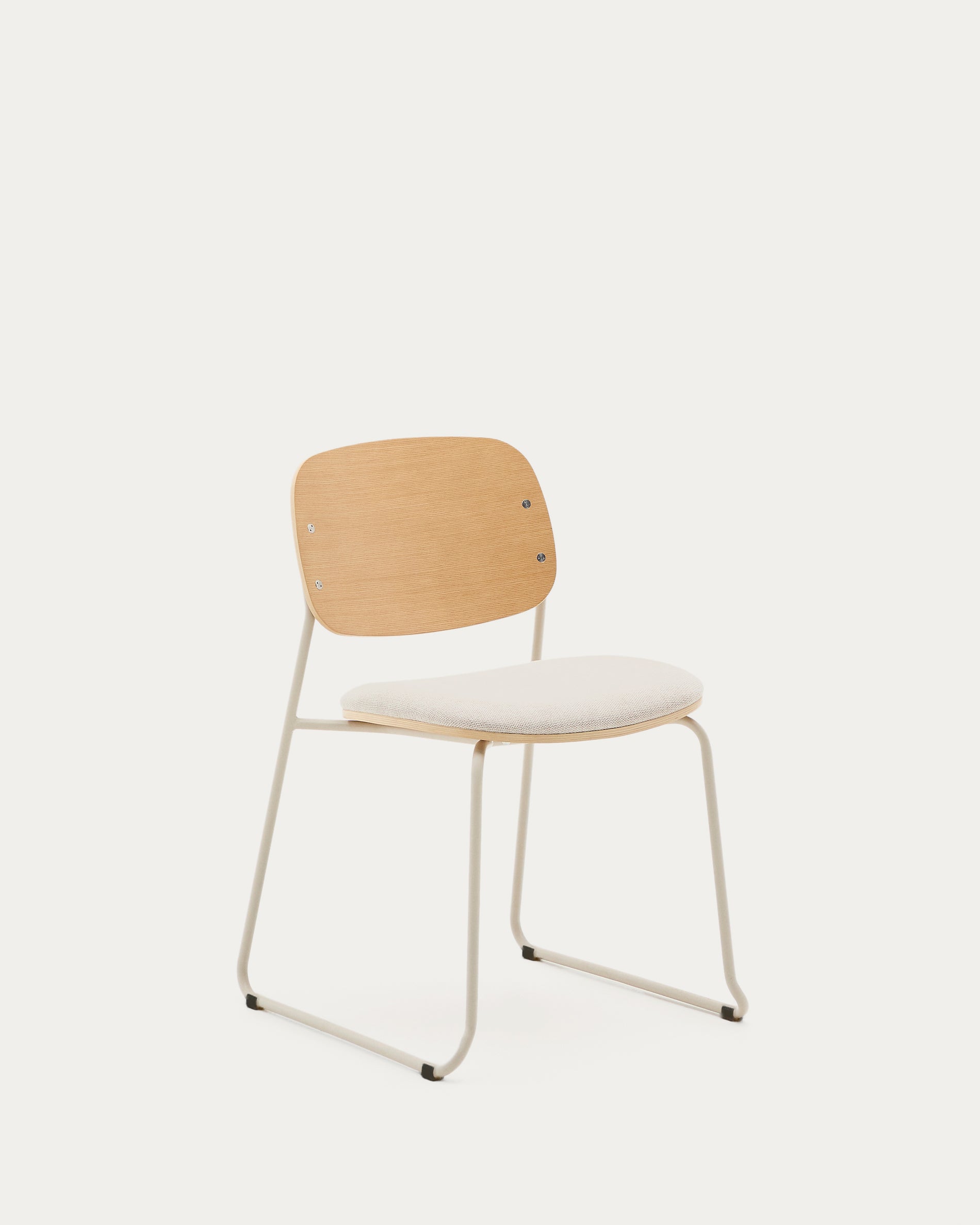 Meli stackable chair in poplar plywood with beige chenille seat and beige metal legs FSC Mix Credit - Product View