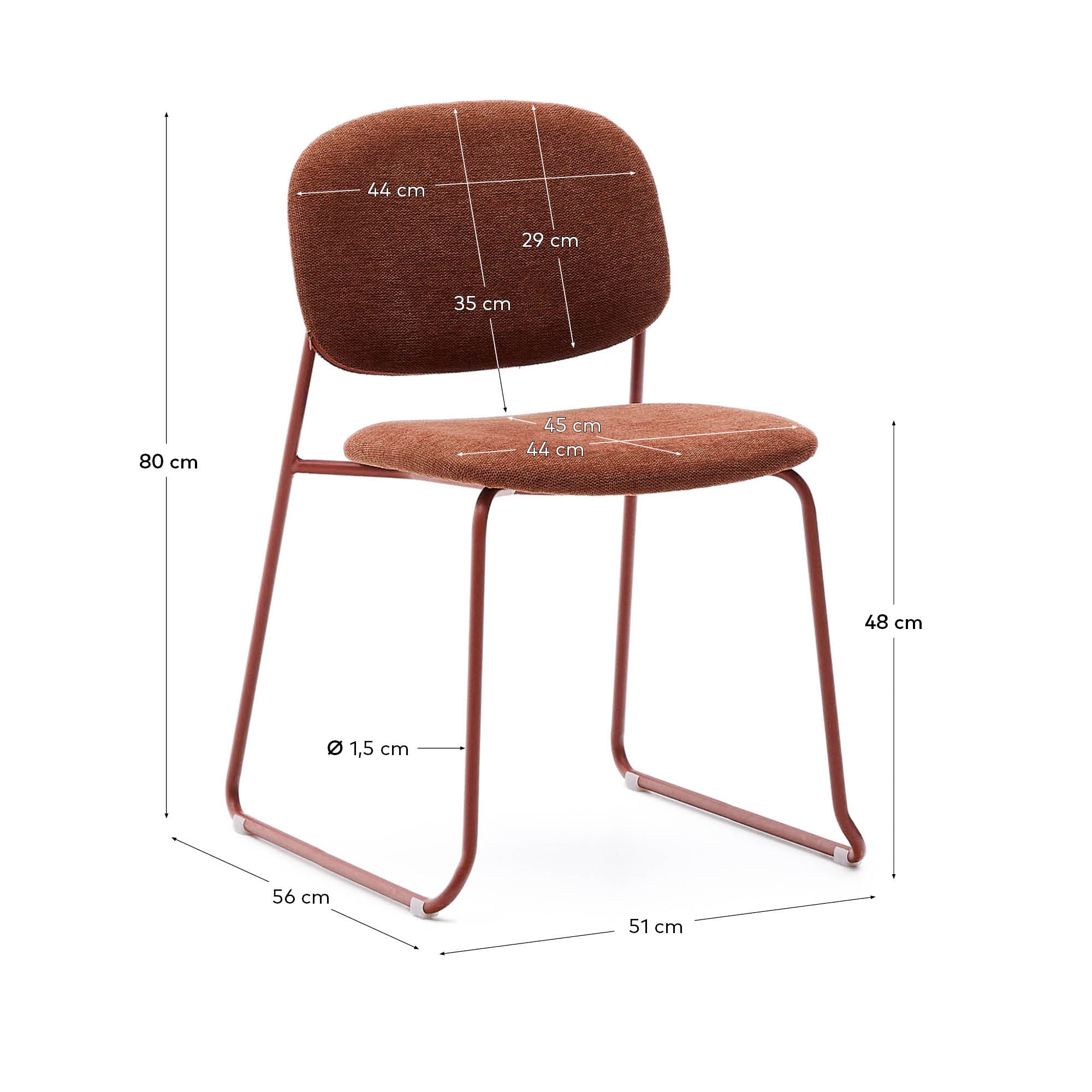 Meli stackable chair in terracotta chenille with terracotta metal legs FSC Mix Credit - Measurements