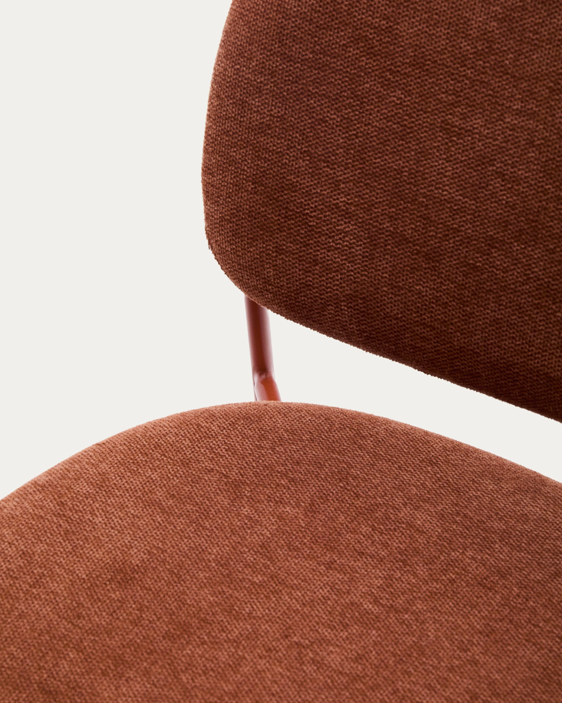 Meli stackable chair in terracotta chenille with terracotta metal legs FSC Mix Credit - Detail