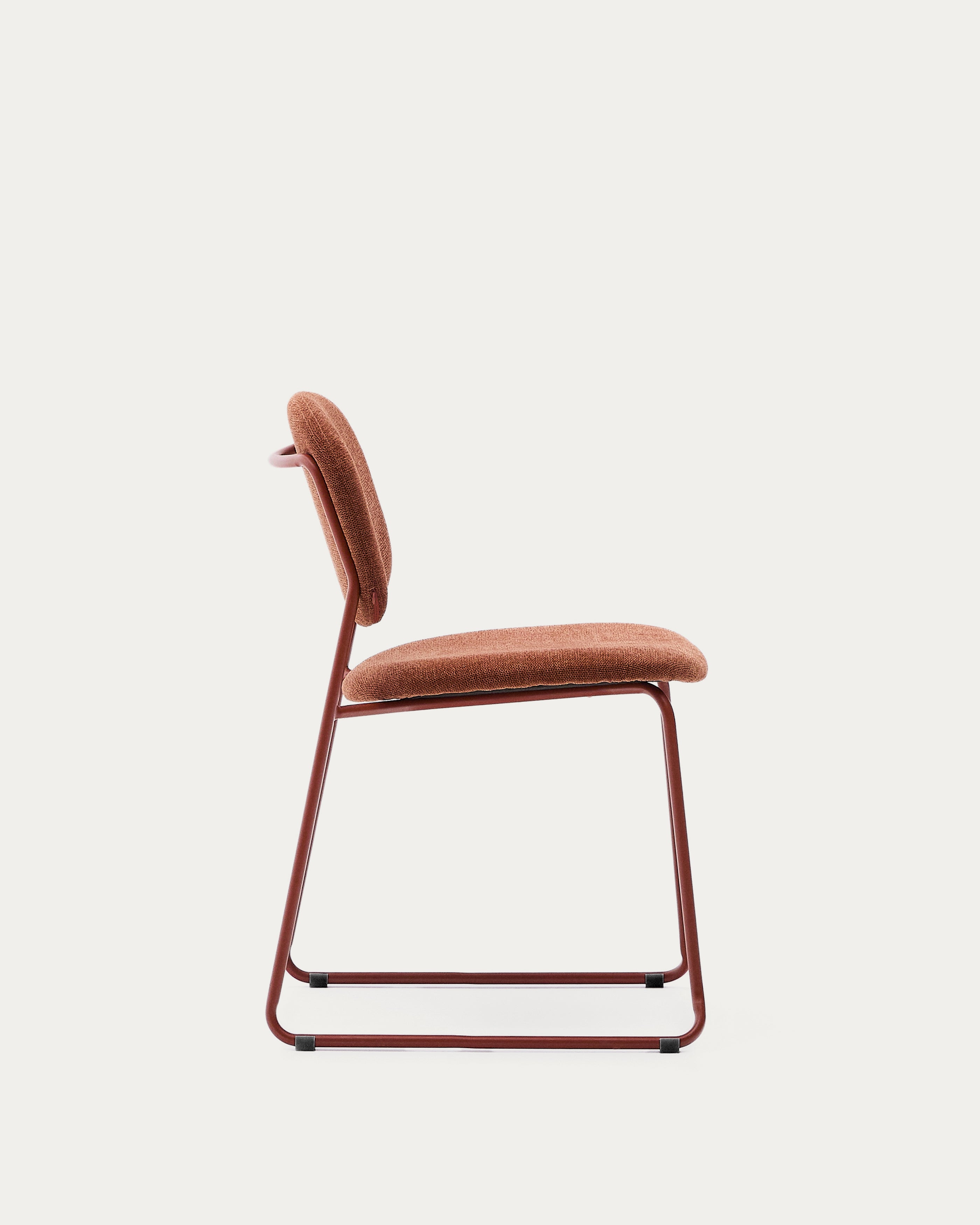 Meli stackable chair in terracotta chenille with terracotta metal legs FSC Mix Credit - Product View