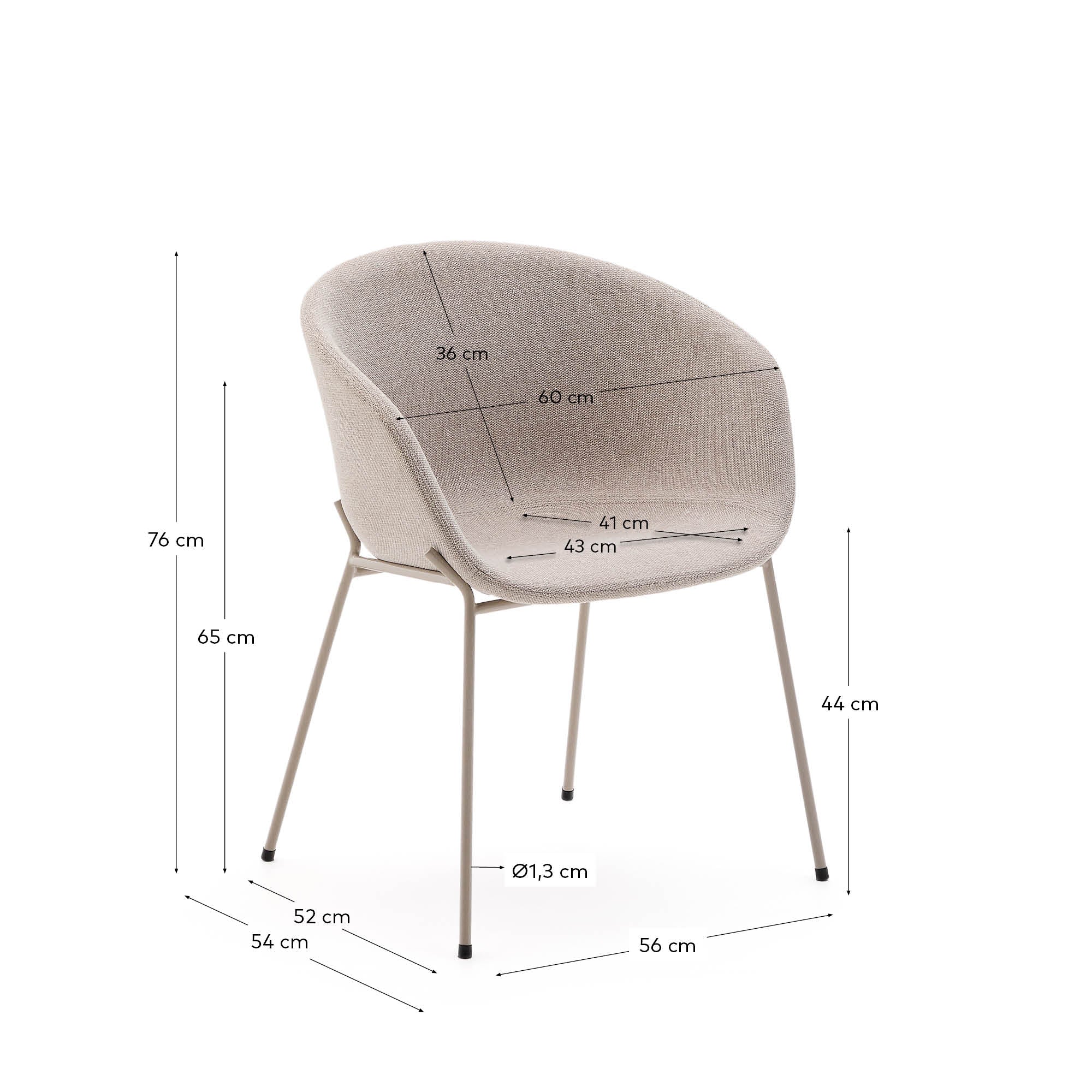 Yvette chair in beige chenille and steel legs in a beige finish - Measurements