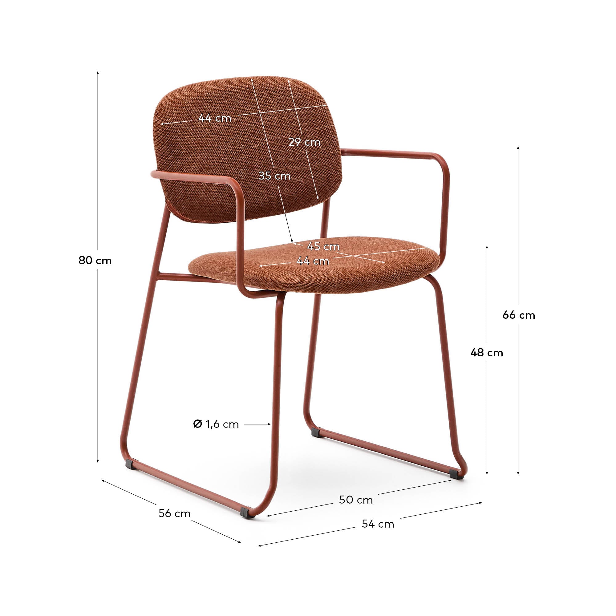 Meli chair in terracotta chenille with terracotta metal frame FSC Mix Credit - Measurements