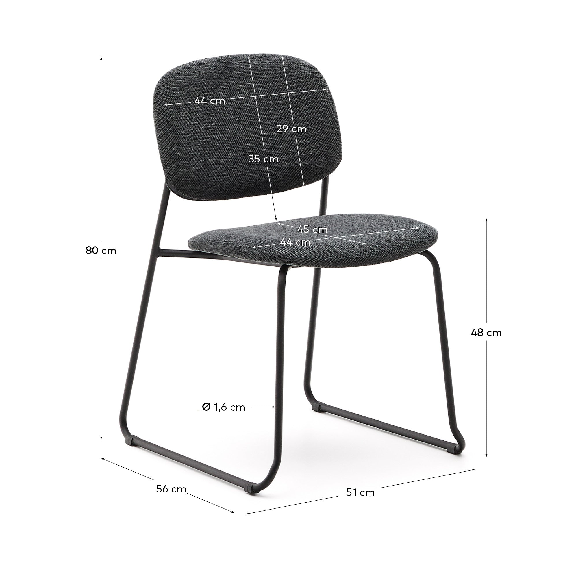 Meli stackable chair in grey chenille with grey metal legs FSC Mix Credit - Measurements